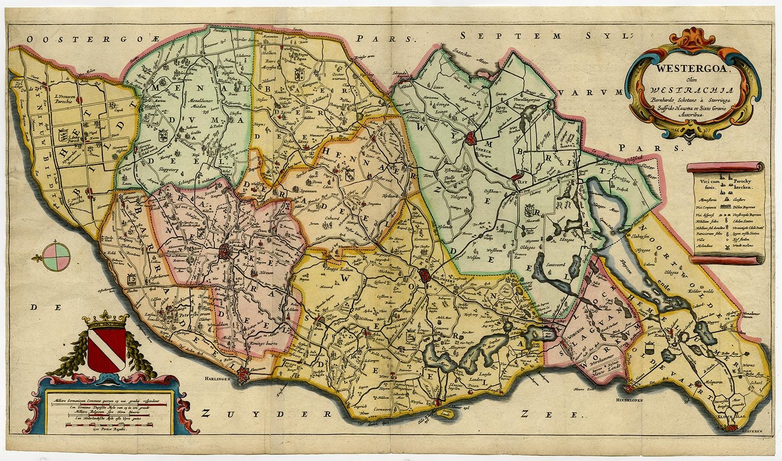 Antique map titled 'Westergoa Olim Westrachia.' 

Map of the shire of Westergo in the province of Friesland in the Netherlands, including Stavoren, Bolsward, Franeker, Sneek, Leeuwarden and other cities. Multiple cartouches, key and coat of arms.