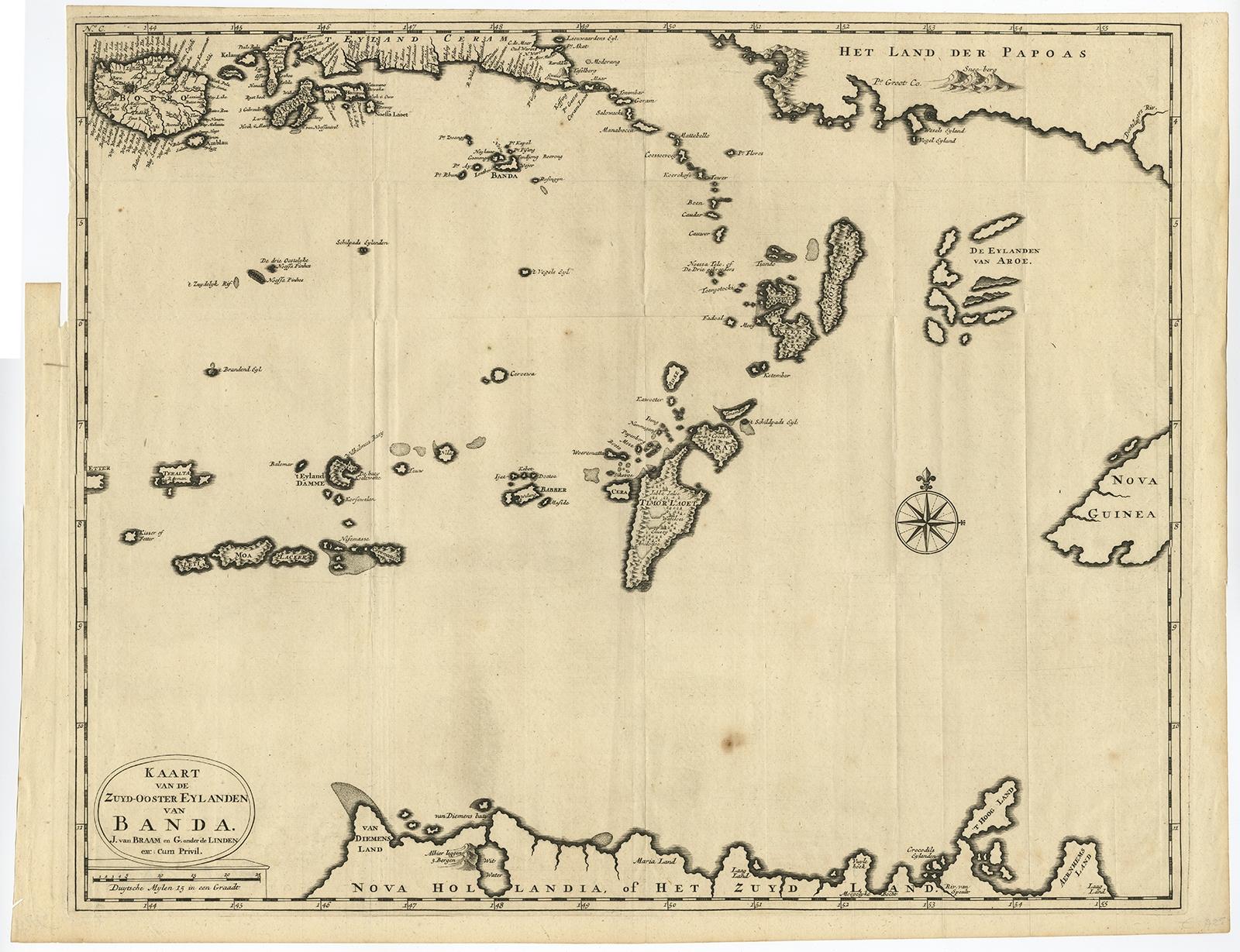 Antique map titled 'Kaart van de Zuyd-Ooster Eylanden van Banda.' 

Map of the southeastern part of the Banda islands. This map originates from 'Oud en Nieuw Oost-Indiën' by François Valentyn, published 1726.

Artists and Engravers: François