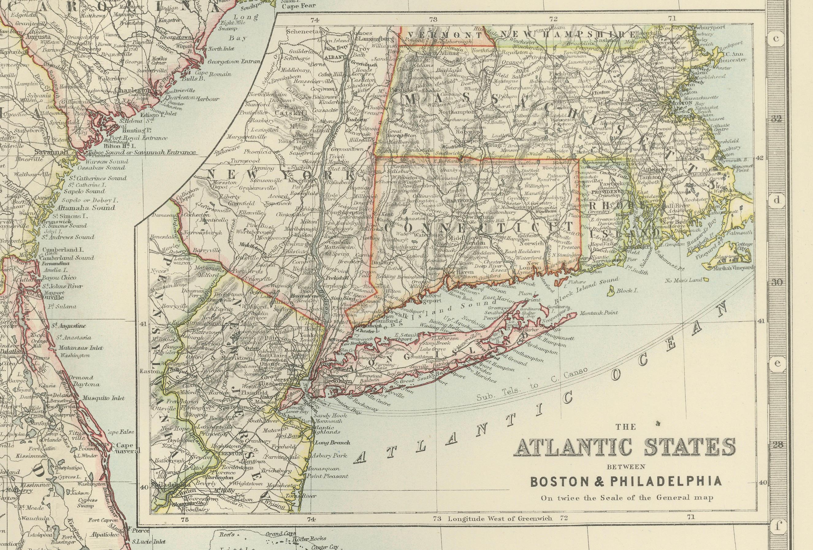 Map of the Southeastern USA and Atlantic States – Vintage 1903 Geography en venta 2