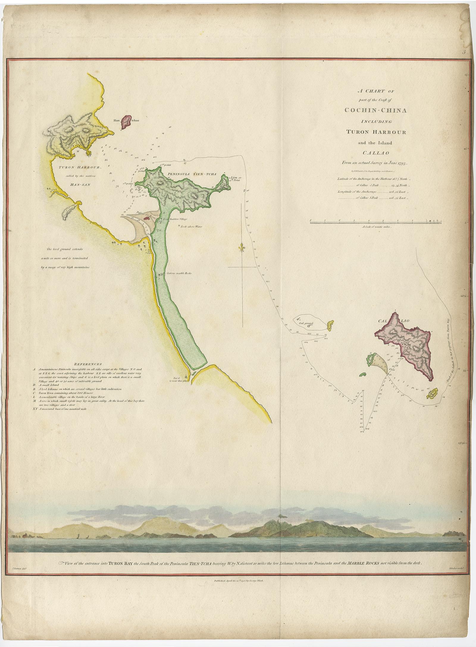 Antique map titled 'A chart of part of the coast of Cochin-China including Turon Harbour and the Island Callao'. 

Detailed map of the Vietnamese Coast, centered on Turon Harbor (Da Nang area). With a view of Turon Bay. 

Artists and Engravers: