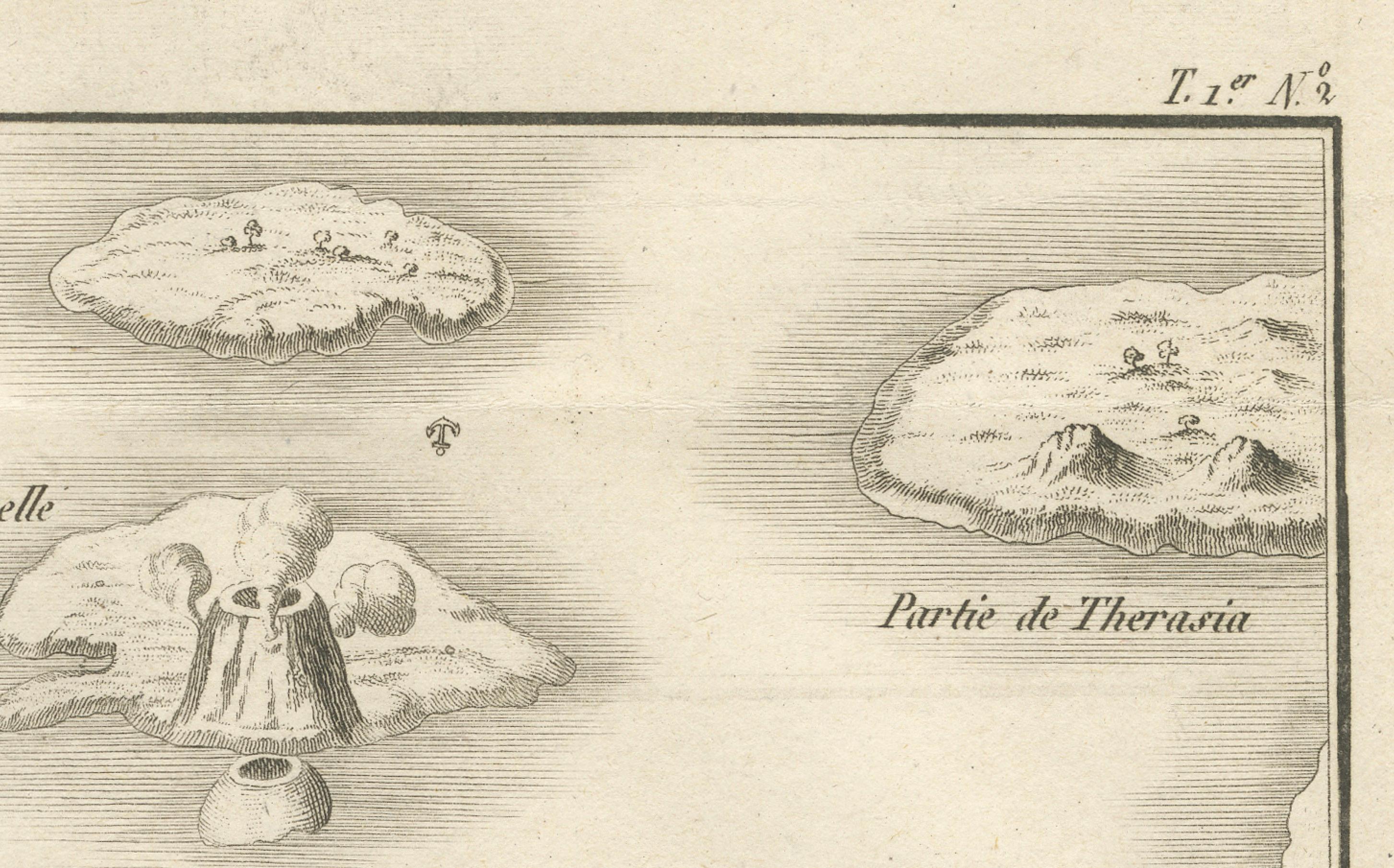 Gravé Carte des îles volcaniques de Santorin - Gravure ancienne de Portier, vers 1790 en vente