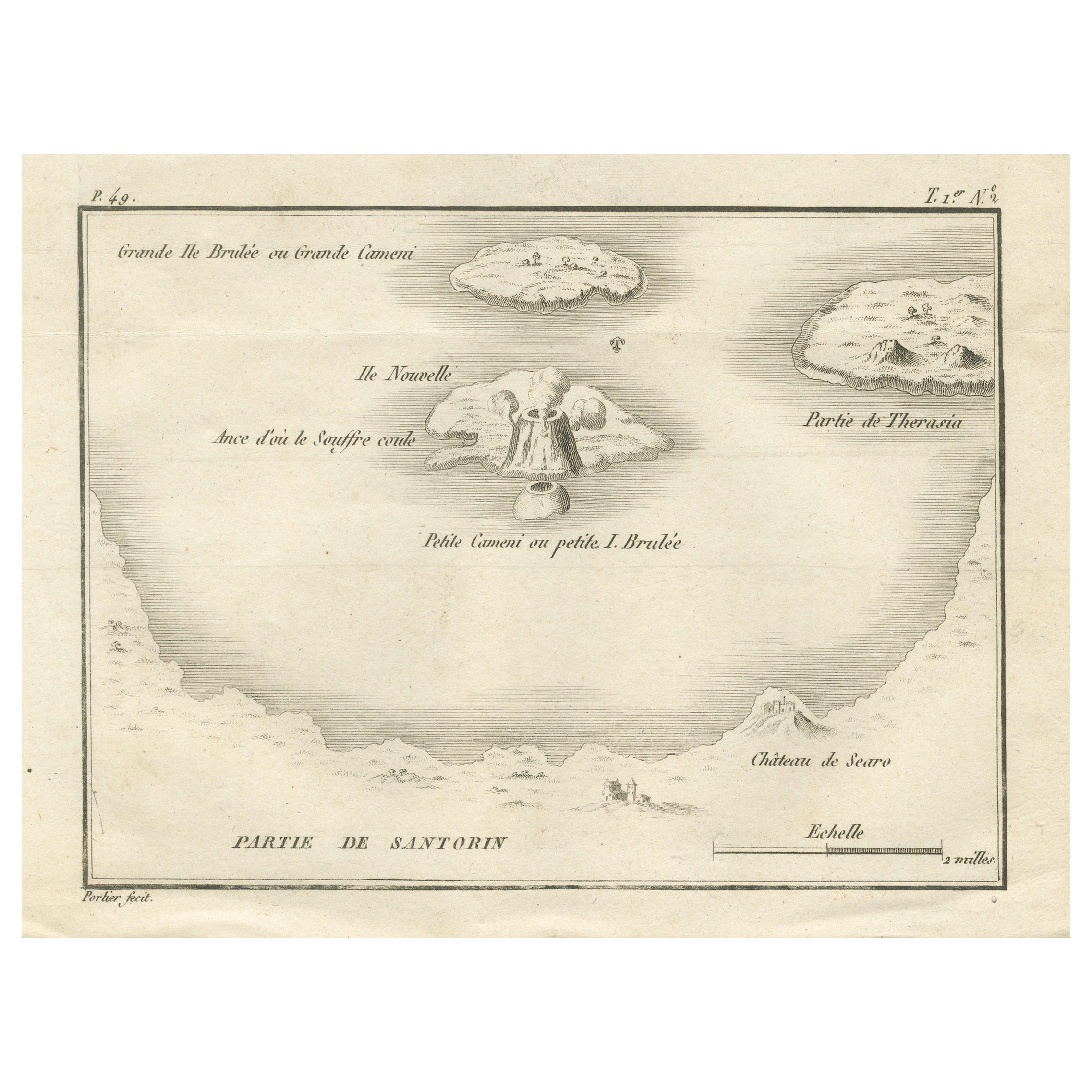 Mapa de las islas volcánicas de Santorini - Grabado antiguo de Portier, ca.1790
