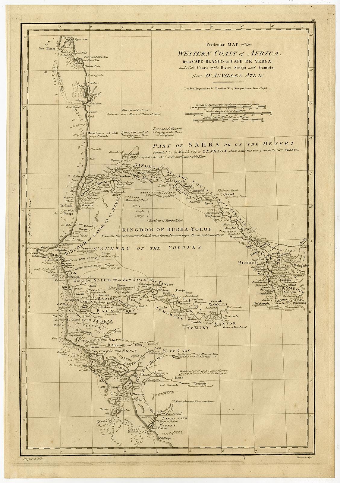 Antique map titled 'Particular Map of the Western Coast of Africa, from Cape Blanco to Cape de Verga, and of the Course of the Rivers Senega and Gambia.' 

Map of the African coast from the north of Mauretania to Guinee. This region includes
