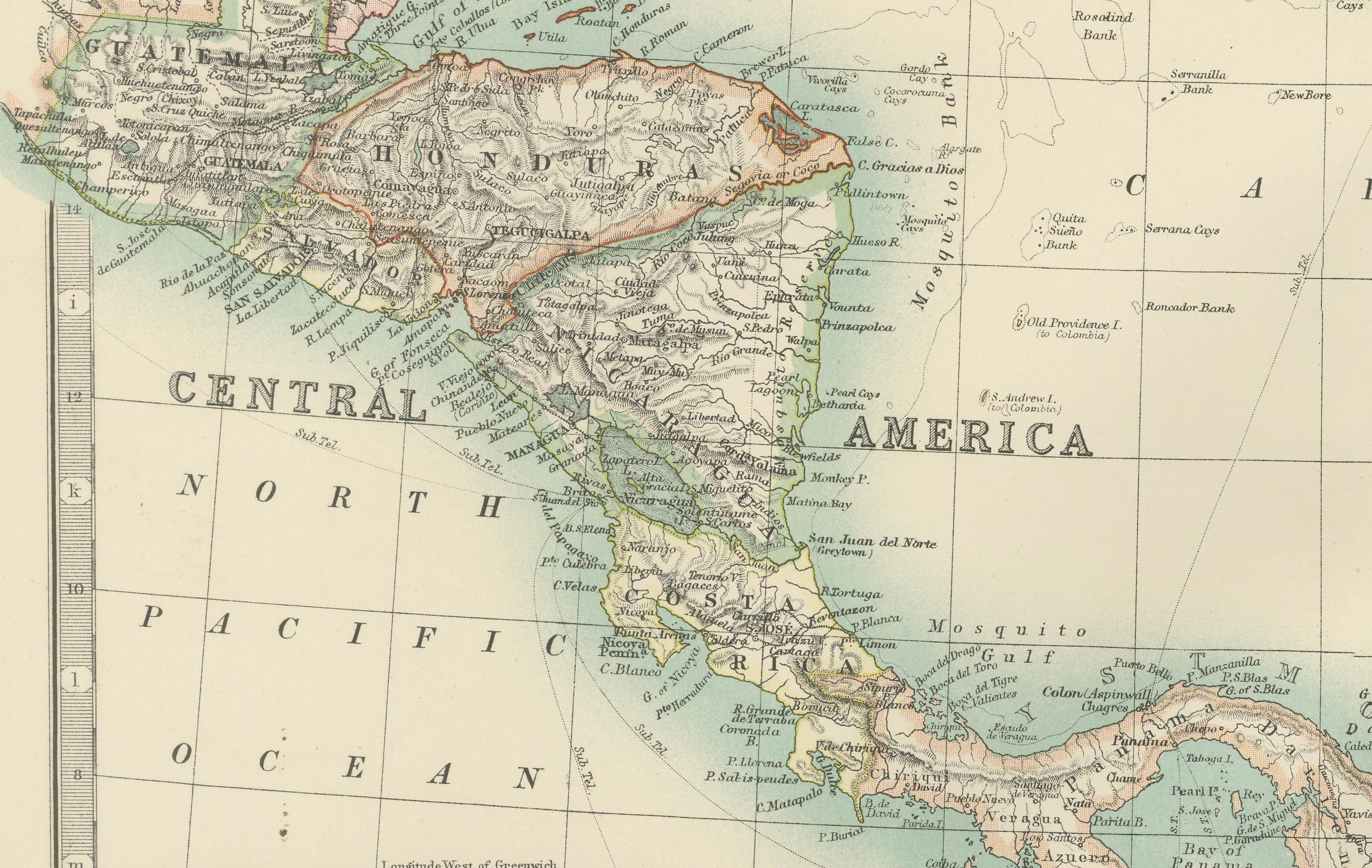 Carte des îles des Indes occidentales et de l'Amérique centrale - Gravure colorée de 1903 Bon état - En vente à Langweer, NL