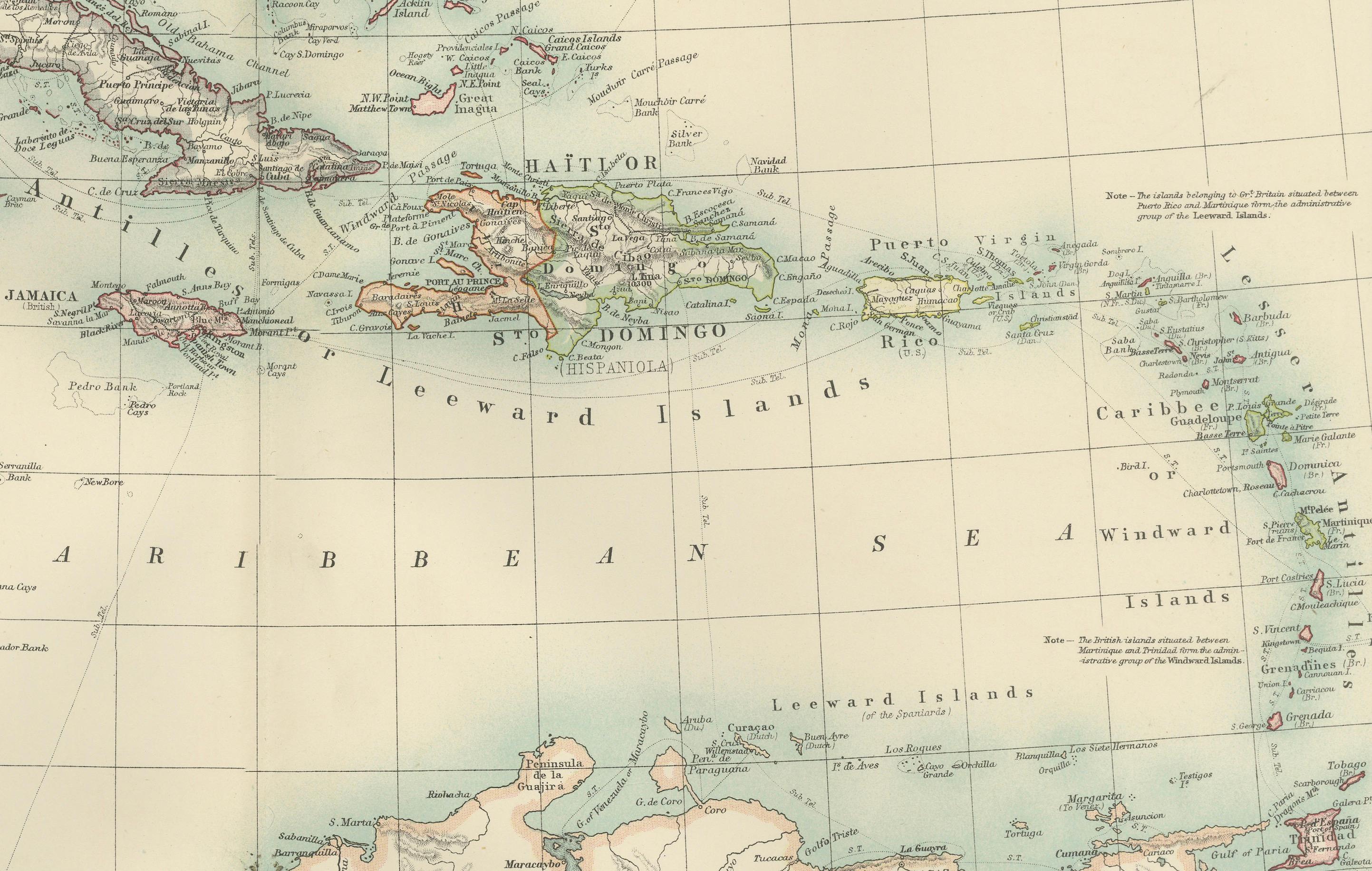 Papier Carte des îles des Indes occidentales et de l'Amérique centrale - Gravure colorée de 1903 en vente