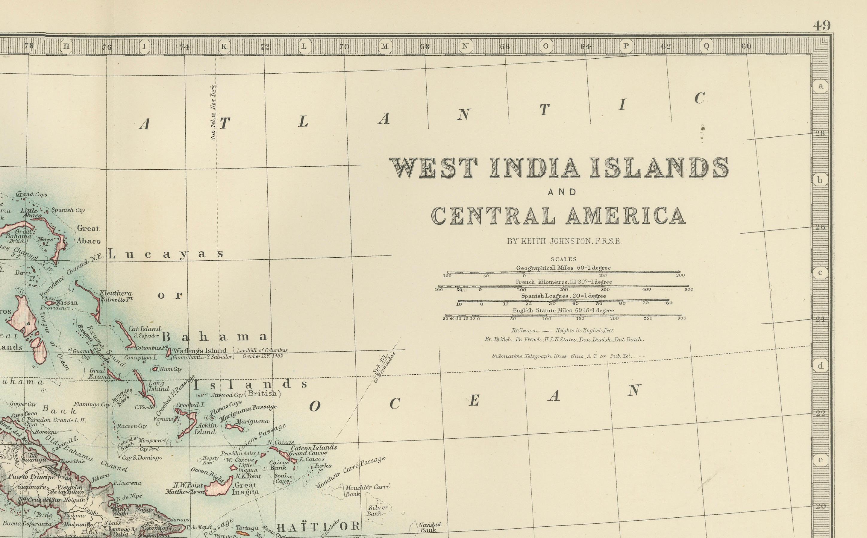 Carte des îles des Indes occidentales et de l'Amérique centrale - Gravure colorée de 1903 en vente 1