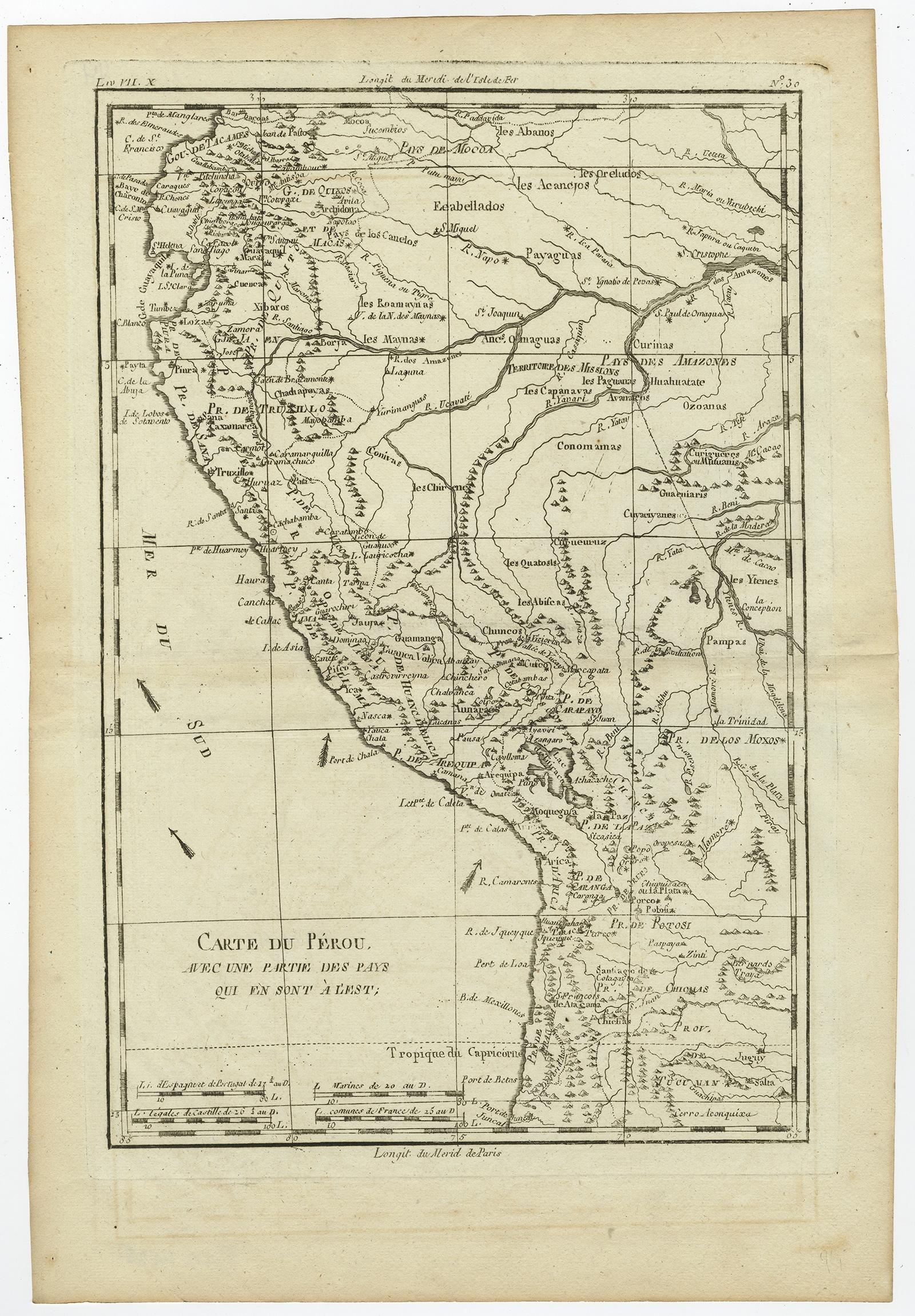 Antique map titled 'Carte du Perou avec une partie des pays qui en sont a l'est.' 

Map of the western coast of South America extending from Ecuador, through Peru and present-day Bolivia, into northern Chili. Nice detailed map with the locations