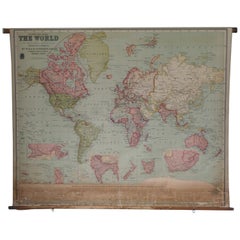 Map of the World, 1905, on Retractable Wooden Rolle, Antique, Archival