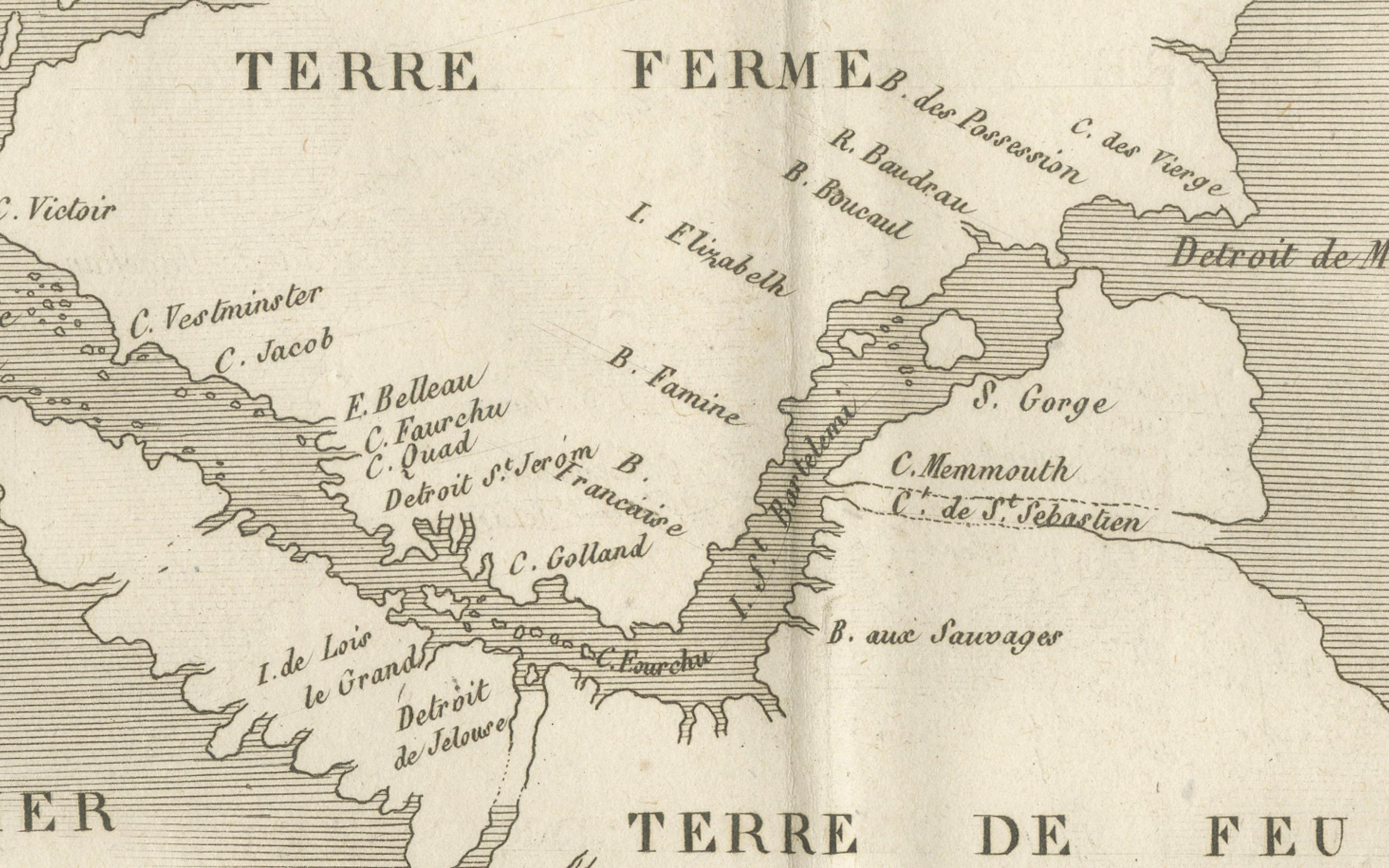 Inciso Mappa della Terra del Fuoco e degli Stretti di Magellano e Le Maire, 1760 ca. in vendita