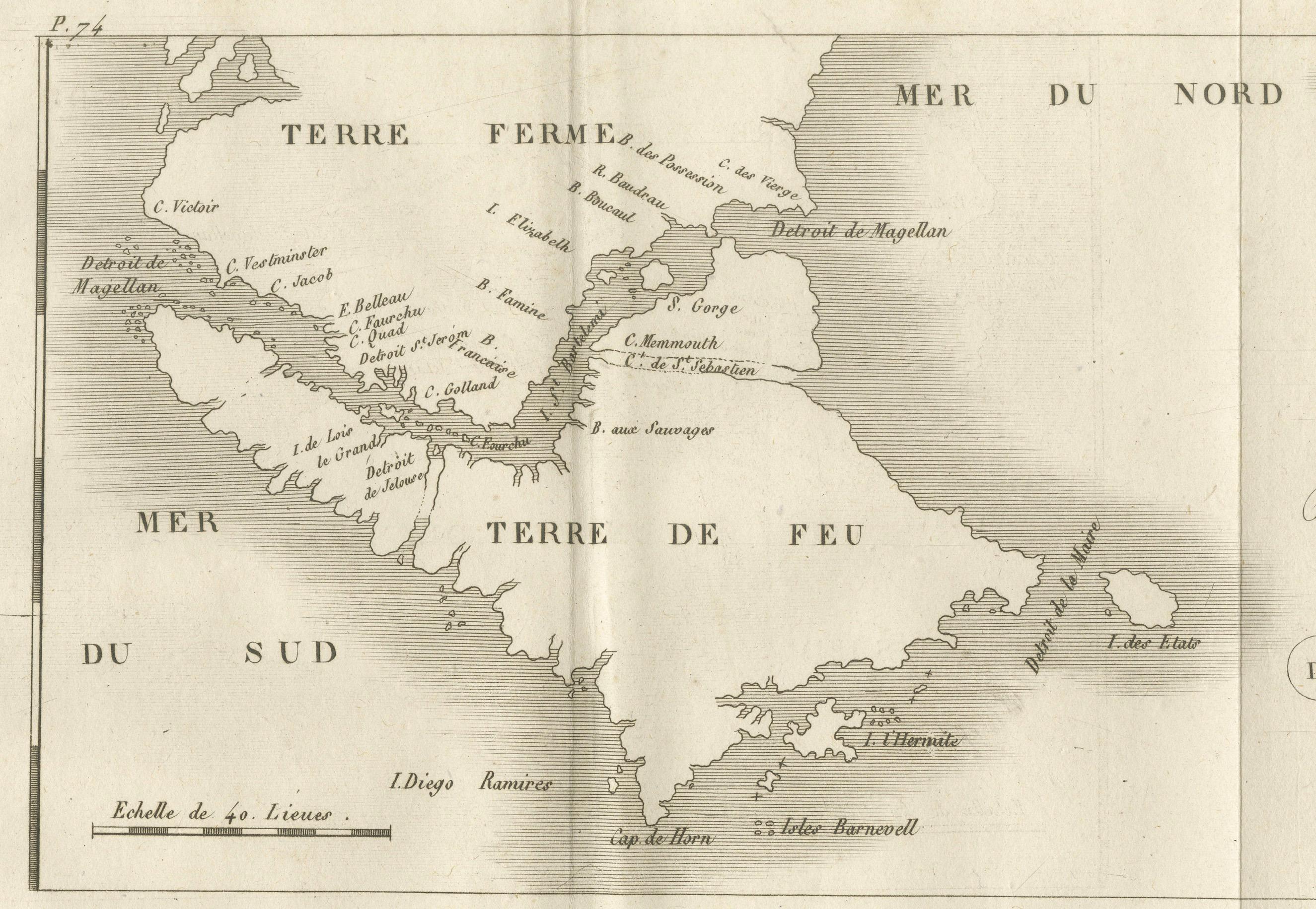 Mappa della Terra del Fuoco e degli Stretti di Magellano e Le Maire, 1760 ca. In condizioni buone in vendita a Langweer, NL