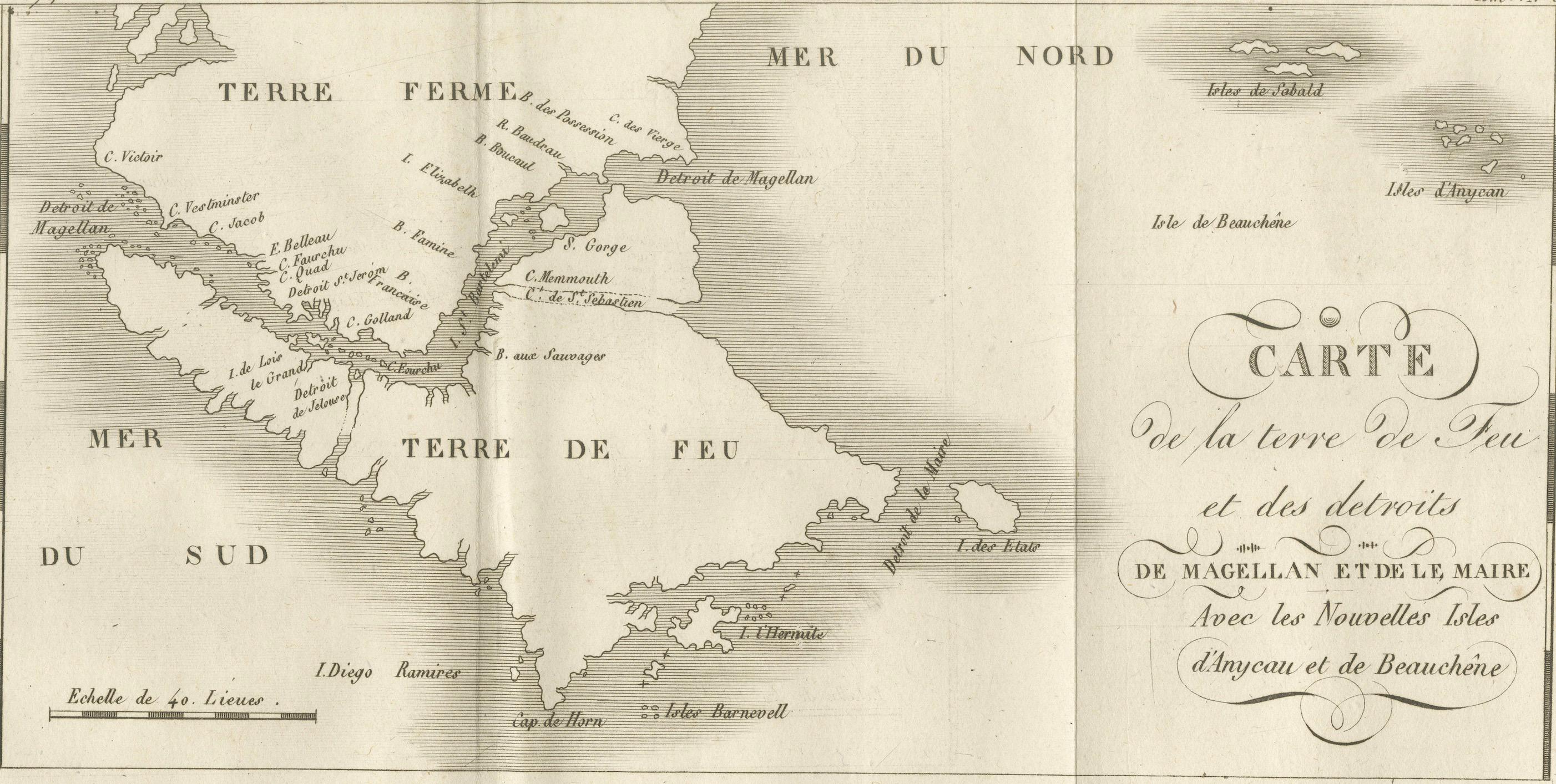 XVIII secolo Mappa della Terra del Fuoco e degli Stretti di Magellano e Le Maire, 1760 ca. in vendita