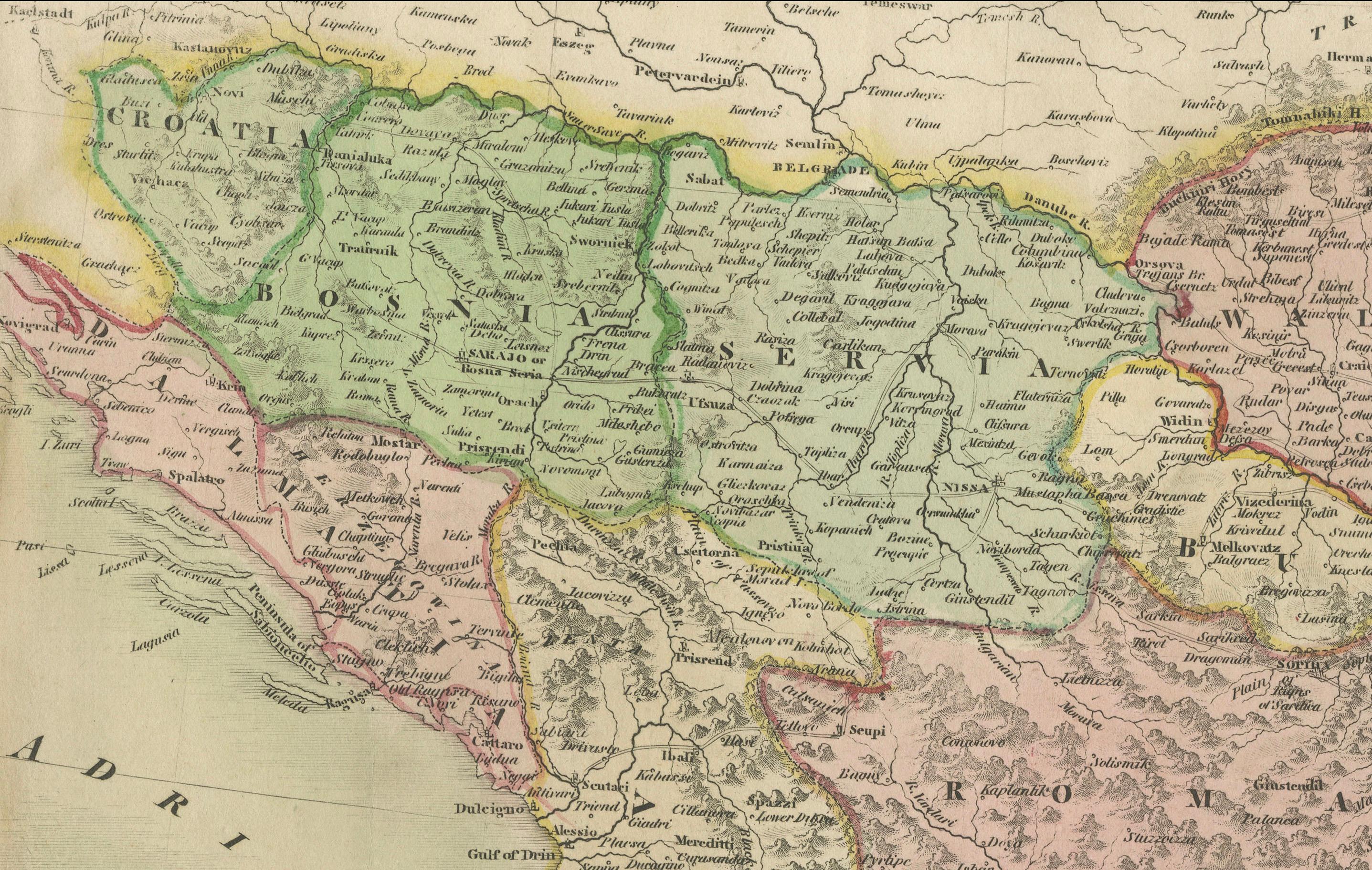 Karte der türkischen Herrschaftsgebiete in Europa, Osmanische Balkanterritorien 1813 (Frühes 19. Jahrhundert) im Angebot