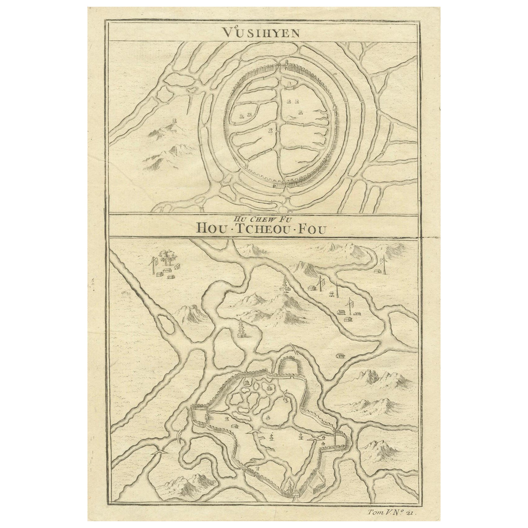 Carte de Vusihyen, Hu Chew Fu et Hou-Tcheou-Fou, villes chinoises historiques, 1754
