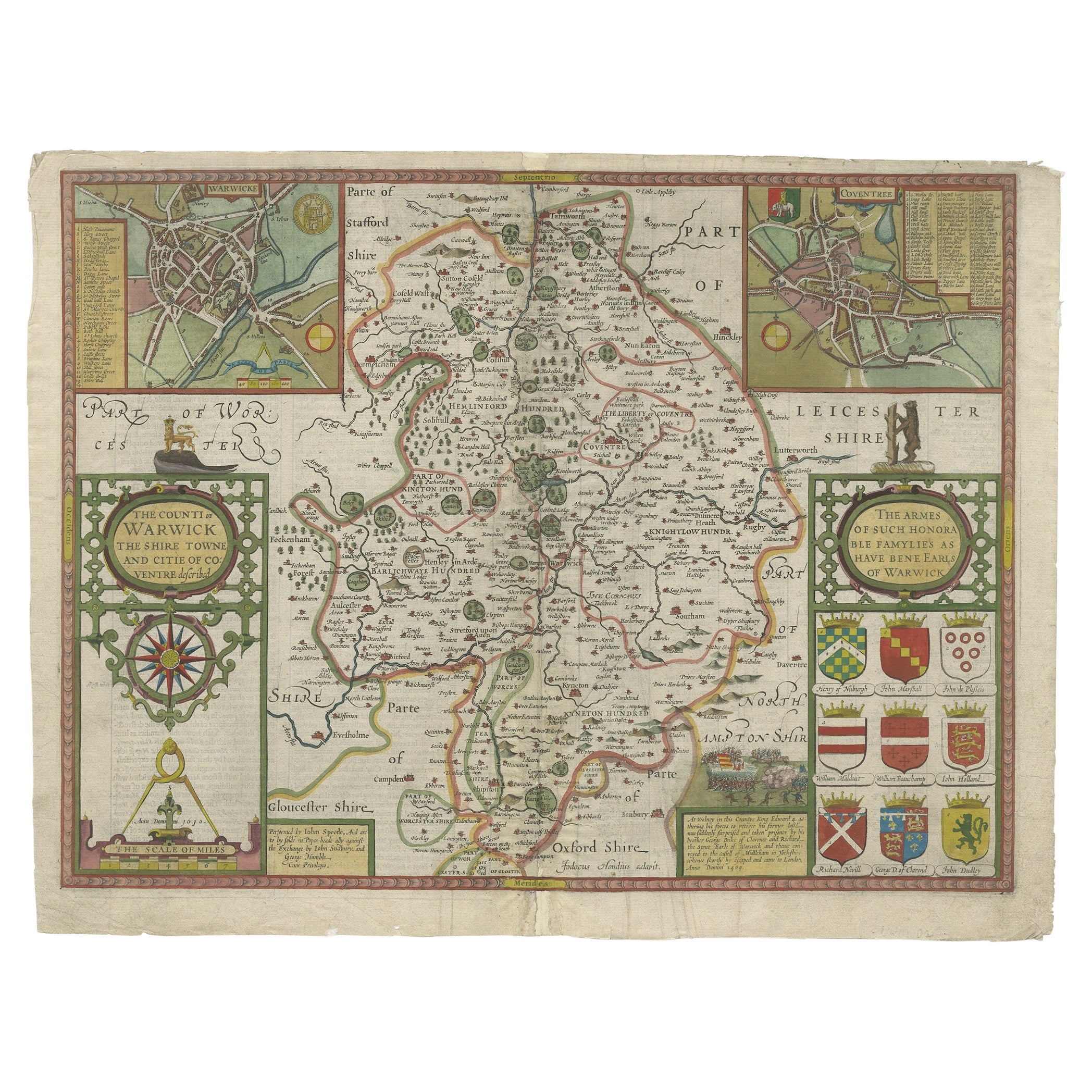 Map of Warwickshire, England, Incl insets of Warwick and Coventry, c.1614