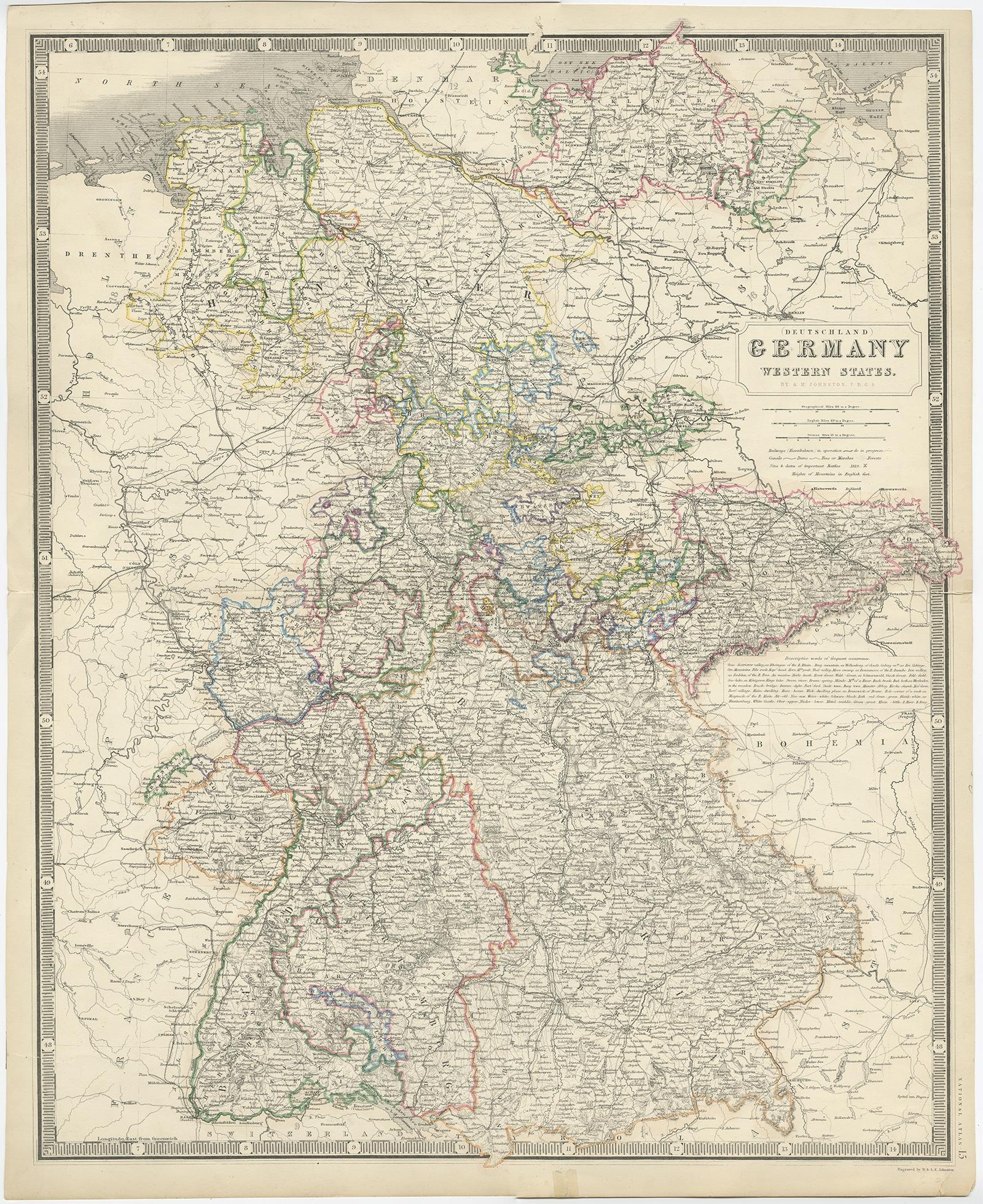 Antique map titled '(Deutschland) Germany, Western States'. 

Map of West Germany depicting many regions including Wurtemberg, Bavaria, Hanover and others. This map originates from 'National Atlas of General Geography (...).', by W.& A.K.