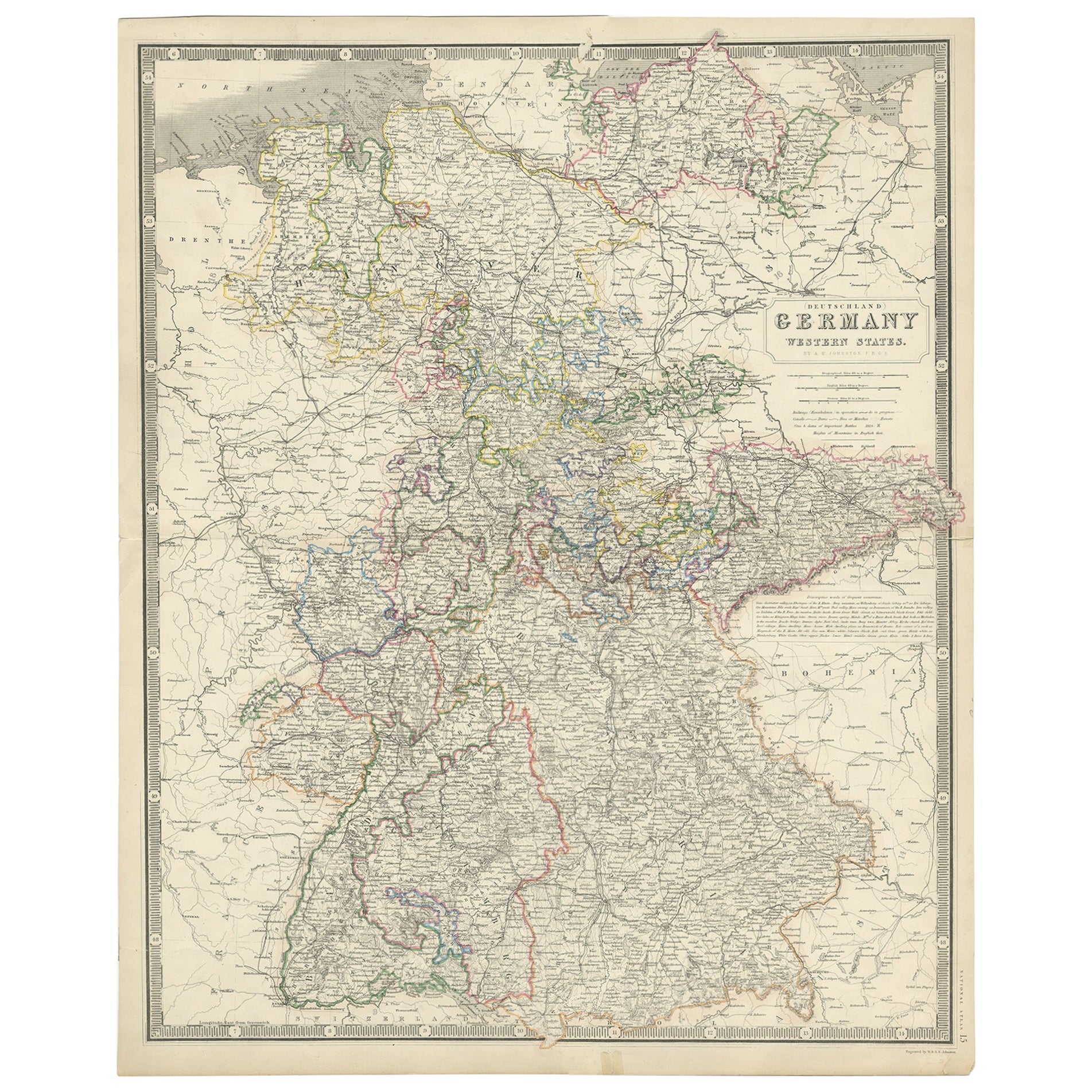Mapa de Alemania Occidental, incluidas las regiones de Wurtemberg, Baviera, Hannover, etc., c.1850 en venta