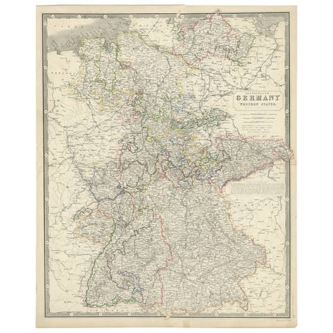 Map of West Germany Incl Regions Wurtemberg, Bavaria, Hanover, Etc, c.1850