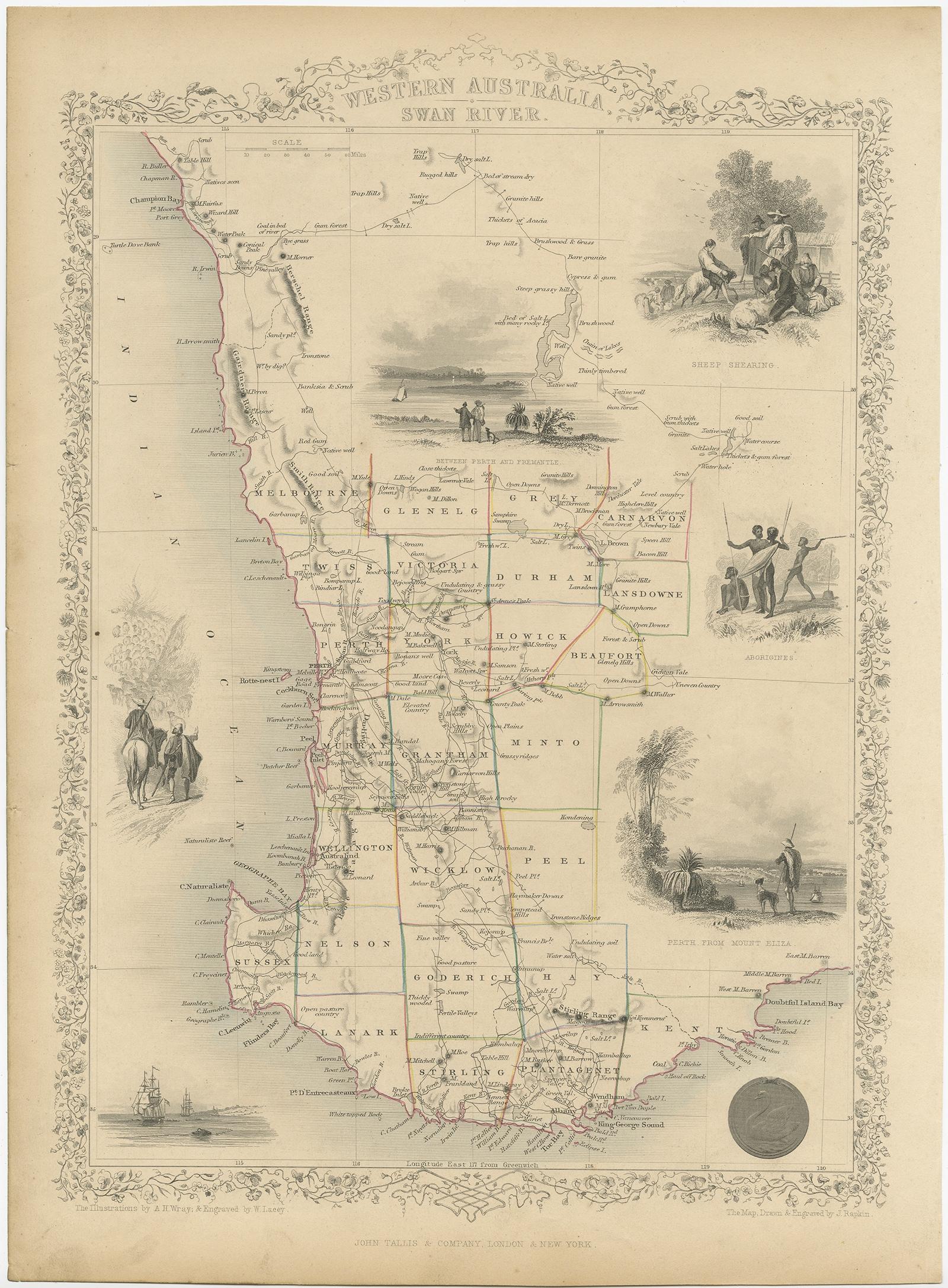 Antique map titled 'Western Australia, Swan River'. Map of Western Australia and Swan River, surrounded by illustrations of Perth, Aborigines and sheep shearing. With the seal of Western Australia. Originates from 'The Illustrated Atlas, And Modern