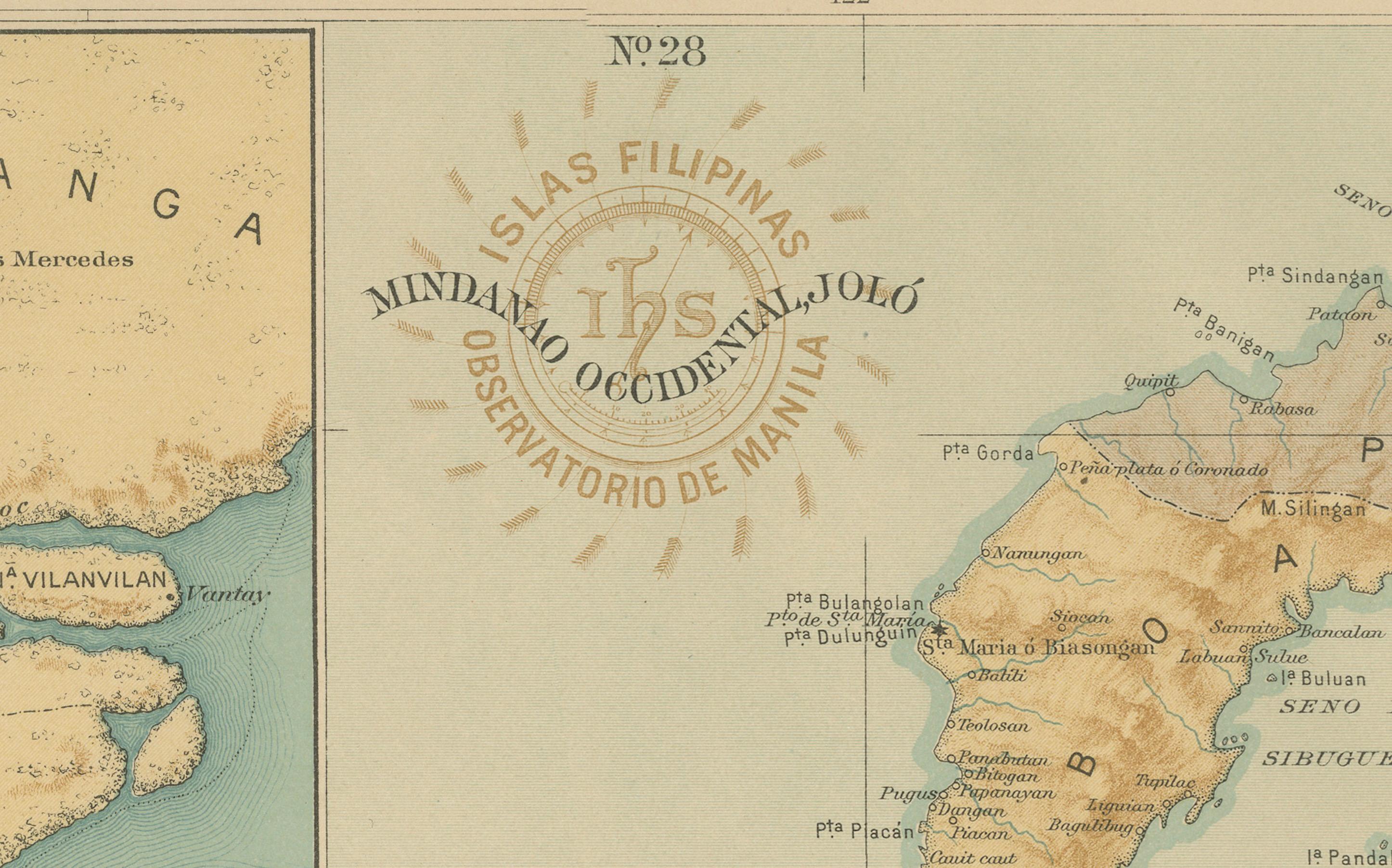 Map of Western Mindanao and the Sulu Archipelago – Observatorio de Manila, 1899

This original chromolithographed map titled “Islas Filipinas – Mindanao Occidental y Joló” (Plate No. 28) was created under the direction of Rev. José Algué, S.J.,