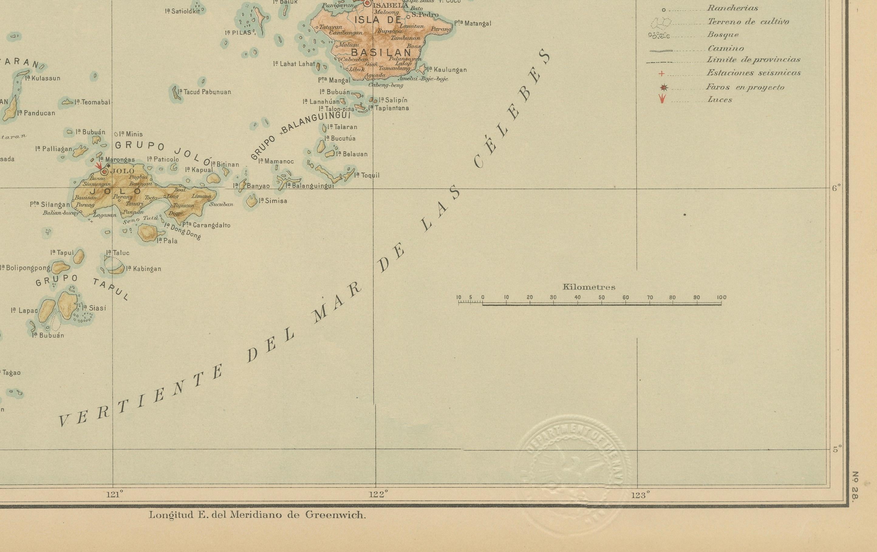 Philippine Map of Western Mindanao and the Sulu Archipelago – Observatorio de Manila, 1899 For Sale