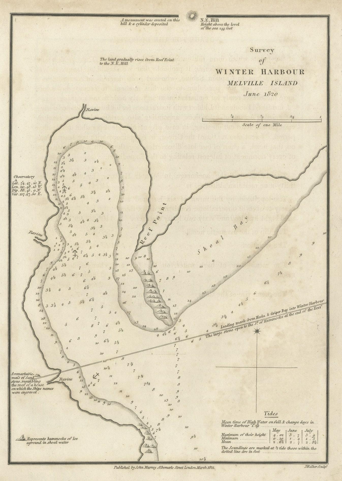 Antique print titled 'Survey of Winter Harbour Melville Island, June 1820'. 

Chart of the bay or harbor on Melville Island where William Parry's expedition spent the winter of 1819-20. This print orginates from 'Journal of a voyage for the