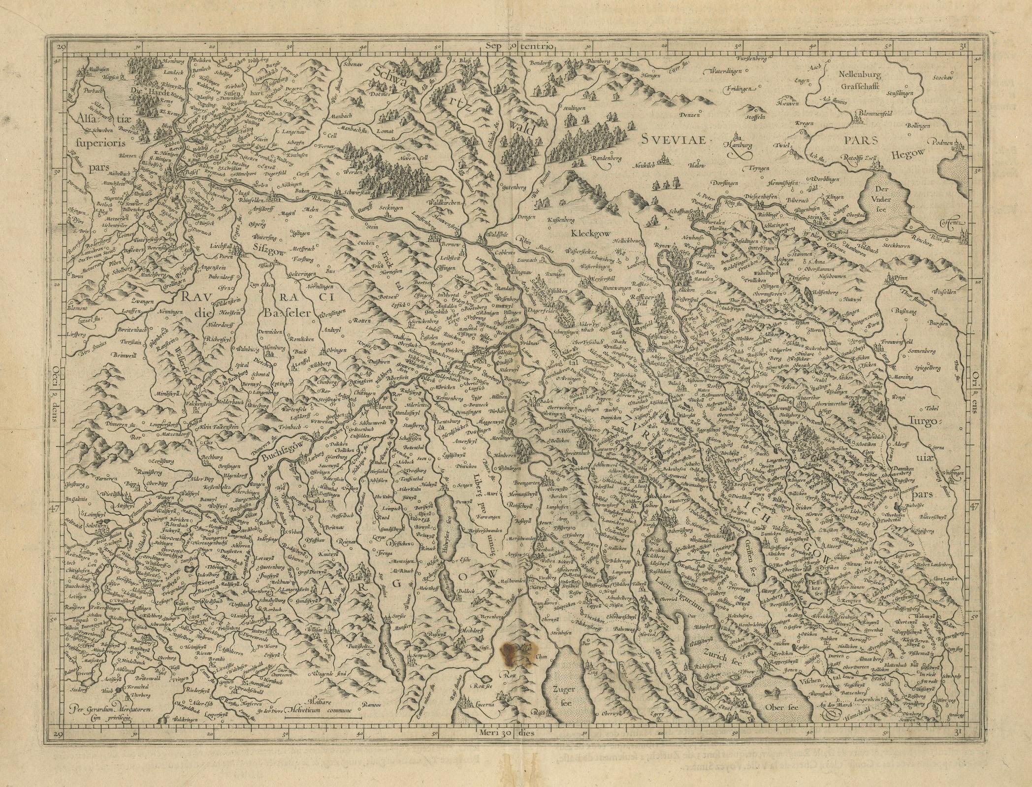 Map of Zurich and Basel Region by Mercator, Uncolored Engraving c.1600 im Angebot 4