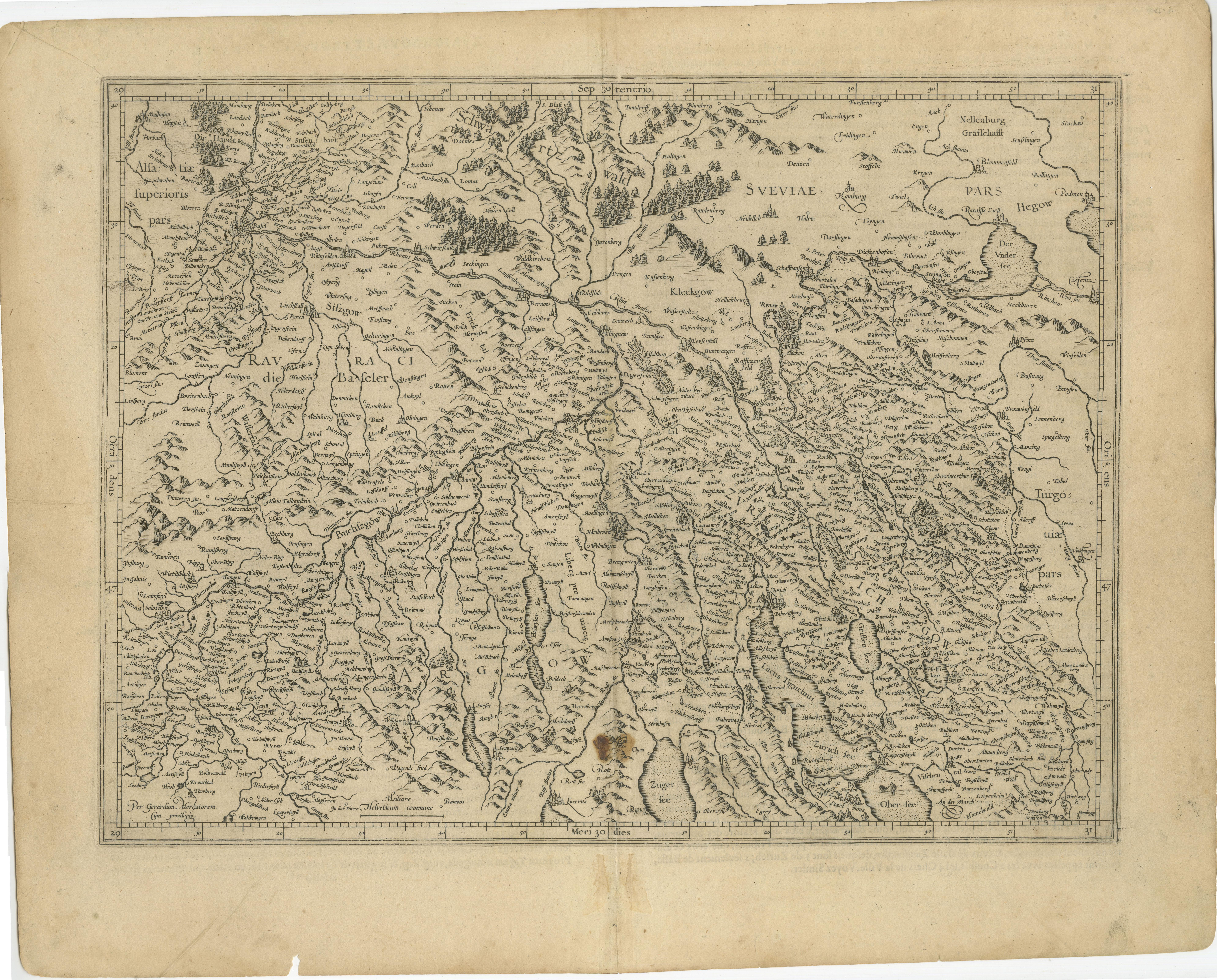 Map of Zurich and Basel Region by Mercator, Uncolored Engraving c.1600

This original uncolored copperplate engraving, titled *Zurichgow et Basiliensis Provincia*, was created by the renowned cartographer Gerardus Mercator and published around 1600