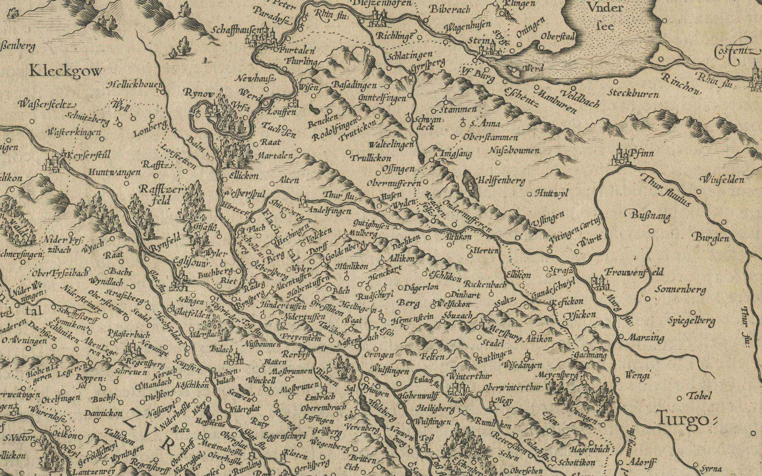Map of Zurich and Basel Region by Mercator, Uncolored Engraving c.1600 (Graviert) im Angebot