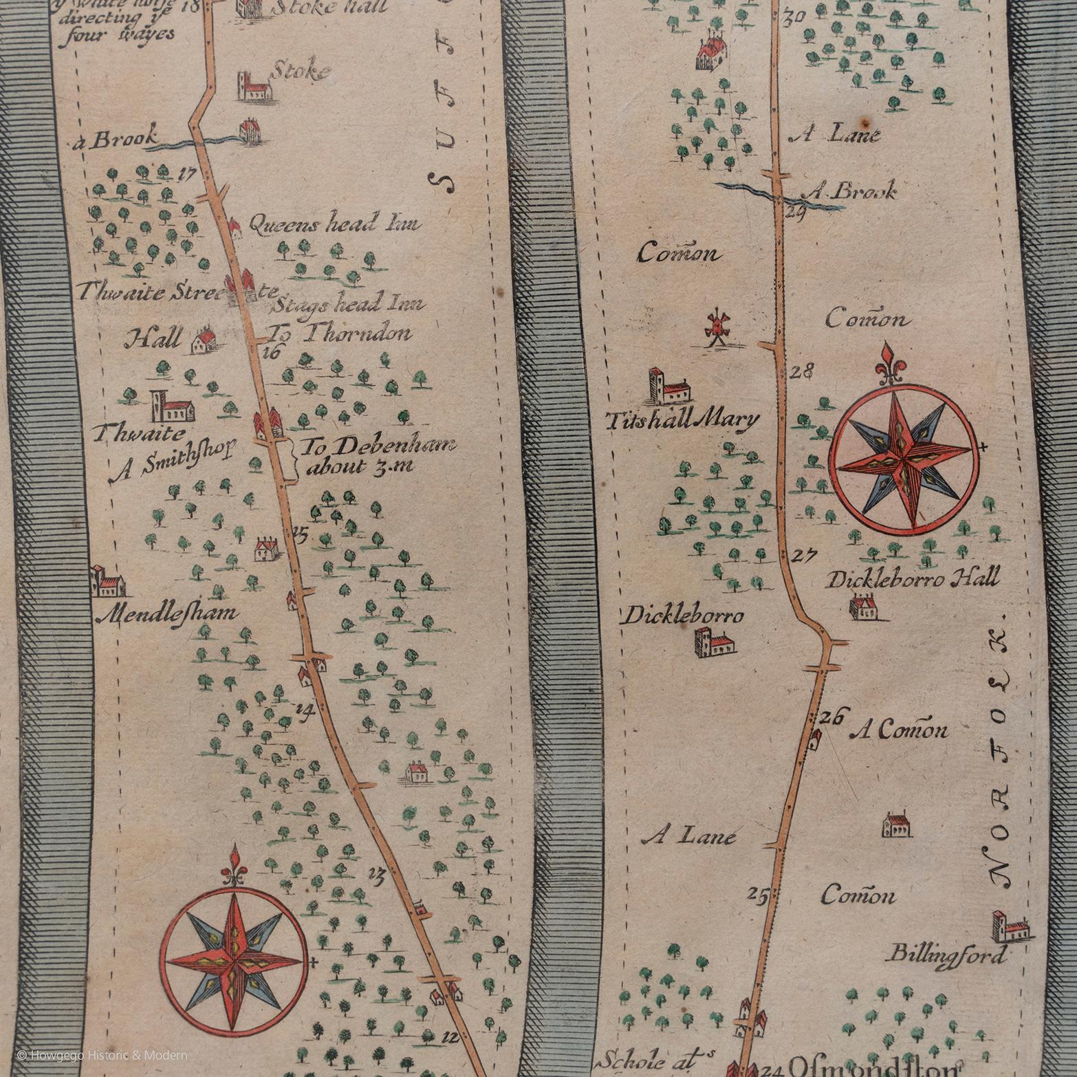 Map Road John Ogilby Britannia No 74 Ipswich to Norwich Cromer Framed In Good Condition For Sale In BUNGAY, SUFFOLK