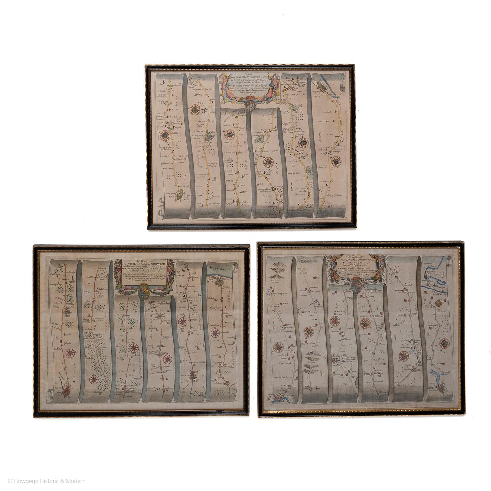 Late 17th Century Map Road John Ogilby Britannia No 74 Ipswich to Norwich Cromer Framed For Sale
