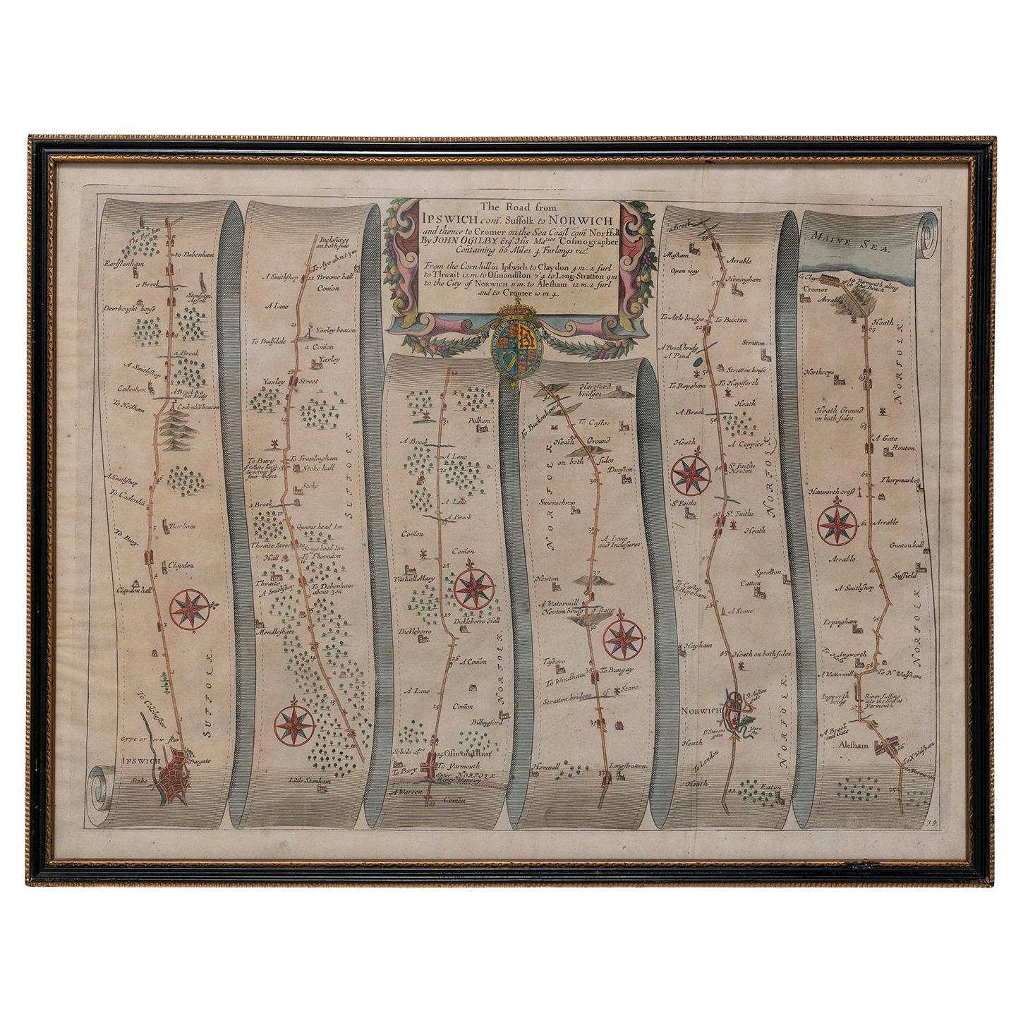 Map Road John Ogilby Britannia No 74 Ipswich to Norwich Cromer Framed For Sale