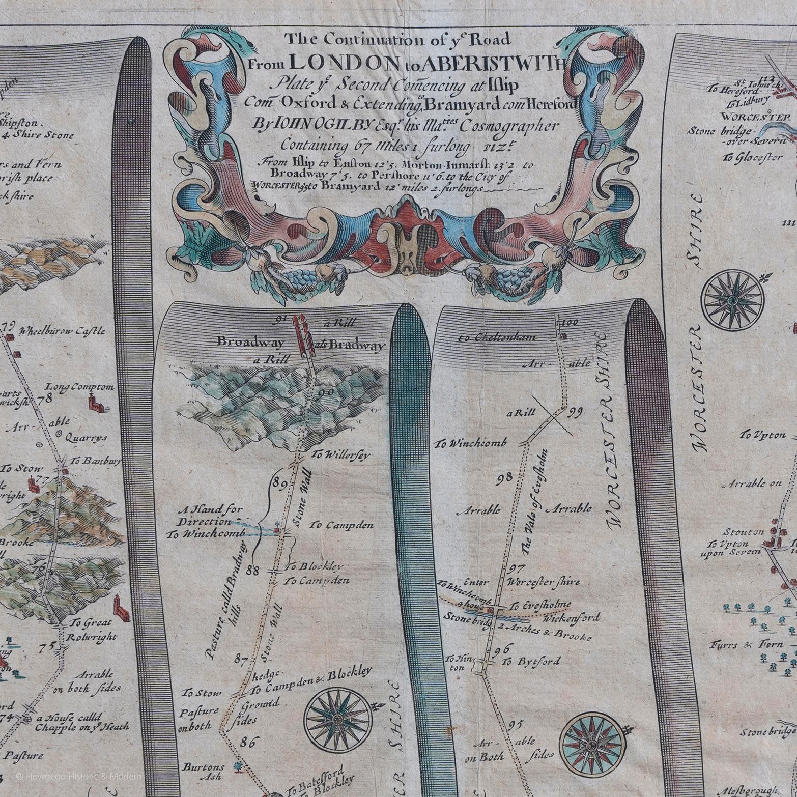 Baroque Map Road Strip Britannia Sheet 2 John Ogilby London Aberistwith Islip Bramyard  For Sale