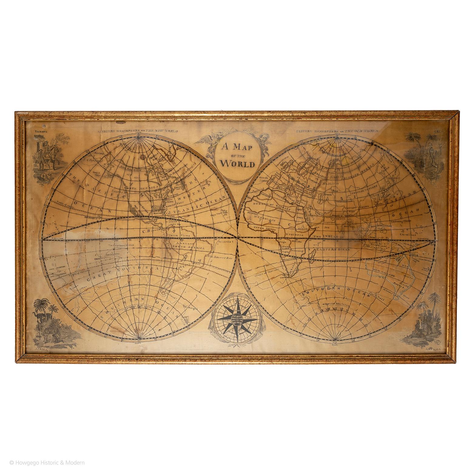 A rare, late-18th century, silk, embroidered, double hemisphere, world map, blackwork, sampler, showing the tracks of captain cook’s three voyages

- Illustrating public understanding of the world in the late-18th century and the recent