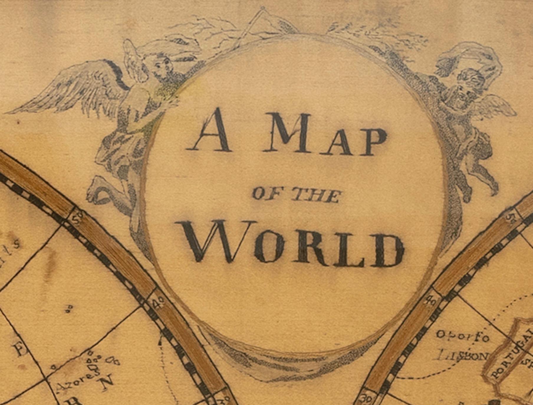British Map Silk Embroidered Western Eastern Hemisphere New Old World Asia America Afri For Sale