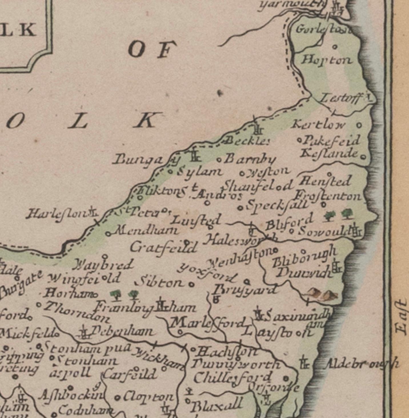 Karte Suffolk Southwold Aldeburgh Dunwich Bawdsey Harwich  Ipswich (Georgian) im Angebot