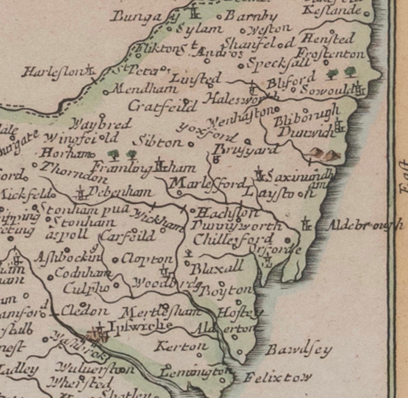 Karte Suffolk Southwold Aldeburgh Dunwich Bawdsey Harwich  Ipswich im Zustand „Gut“ im Angebot in BUNGAY, SUFFOLK