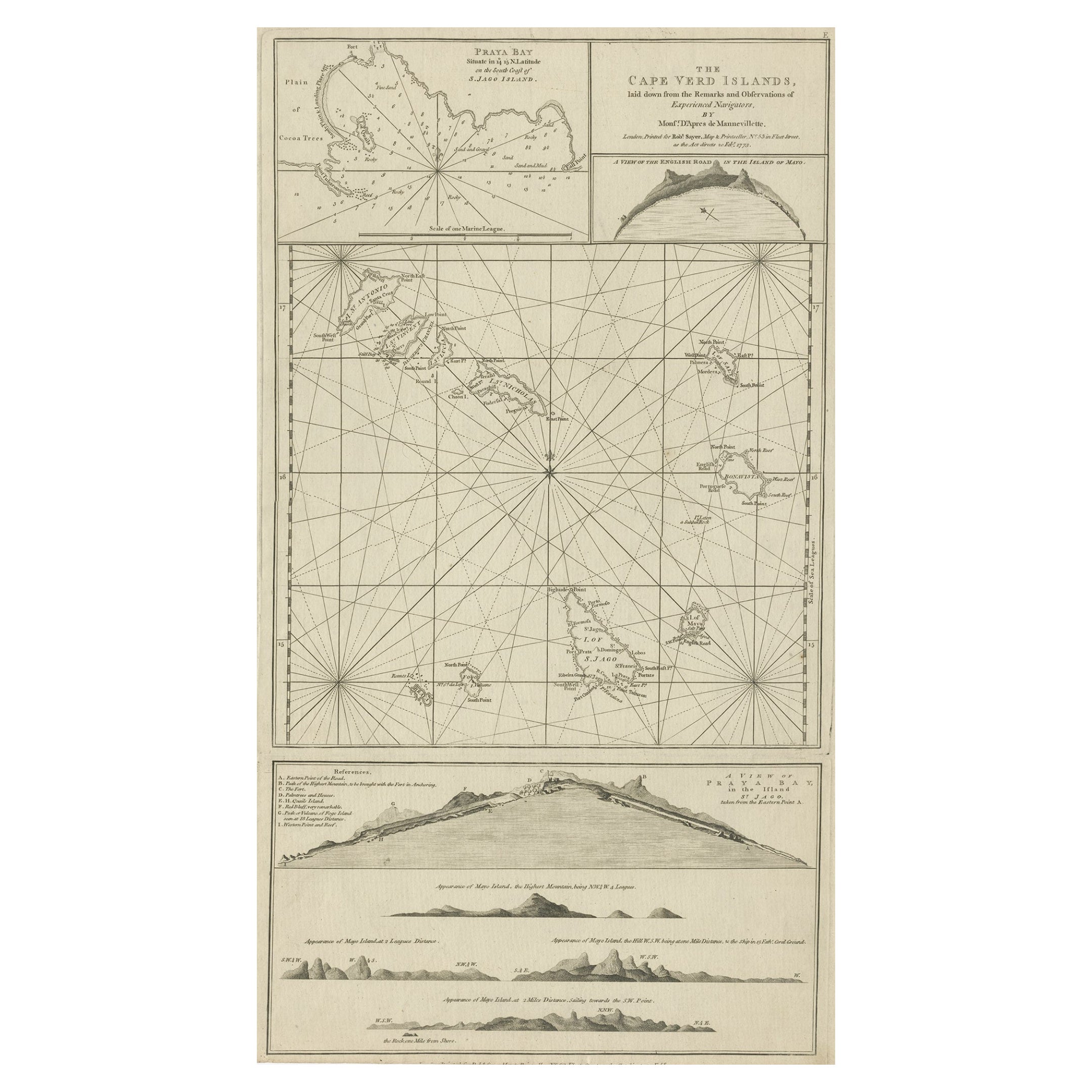 Mapa y Vistas de las Islas de Cabo Verde, en el Océano Atlántico, África Occidental, 1775