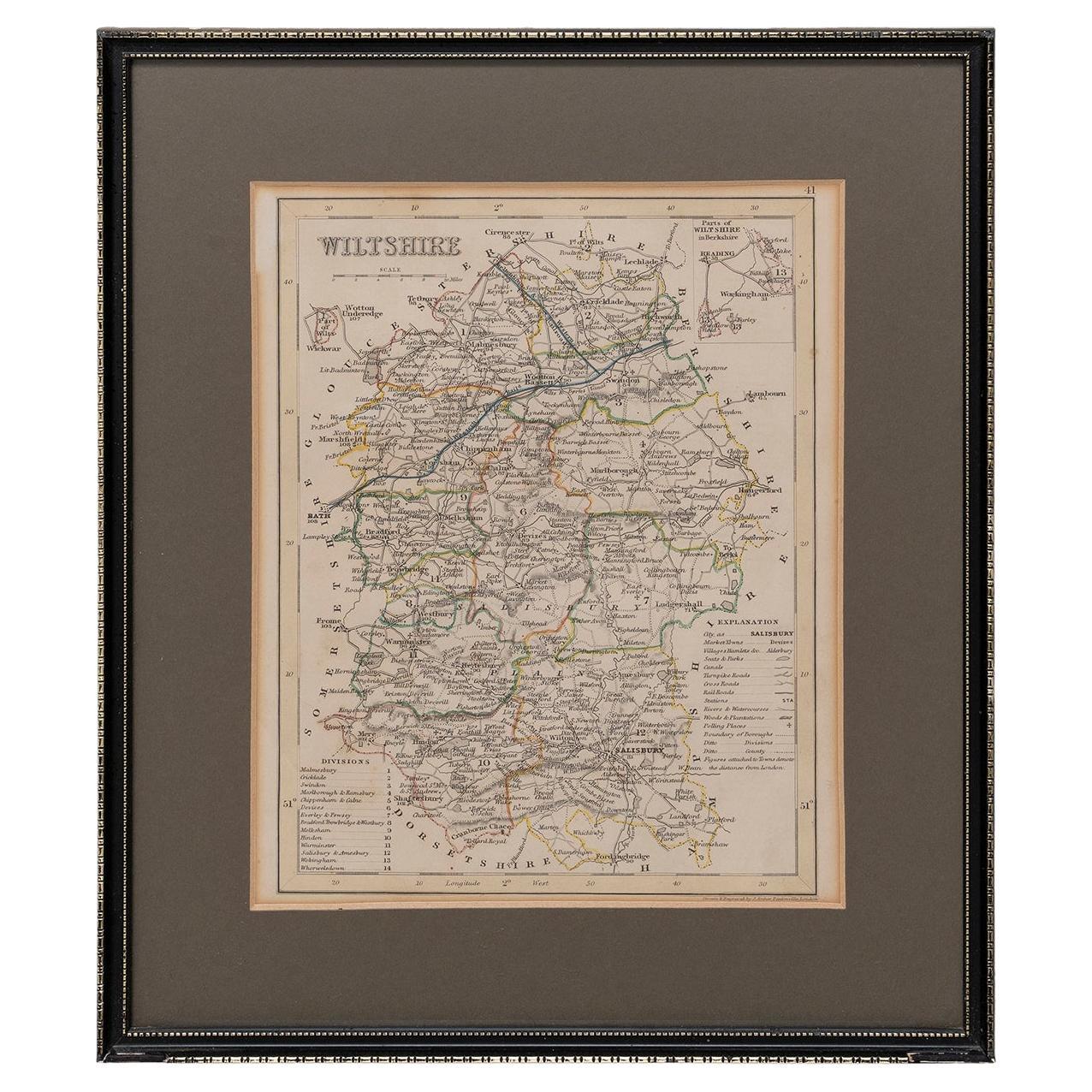 Map Wiltshire Joshua Archer Pentonville London framed 35cm 14" high For Sale