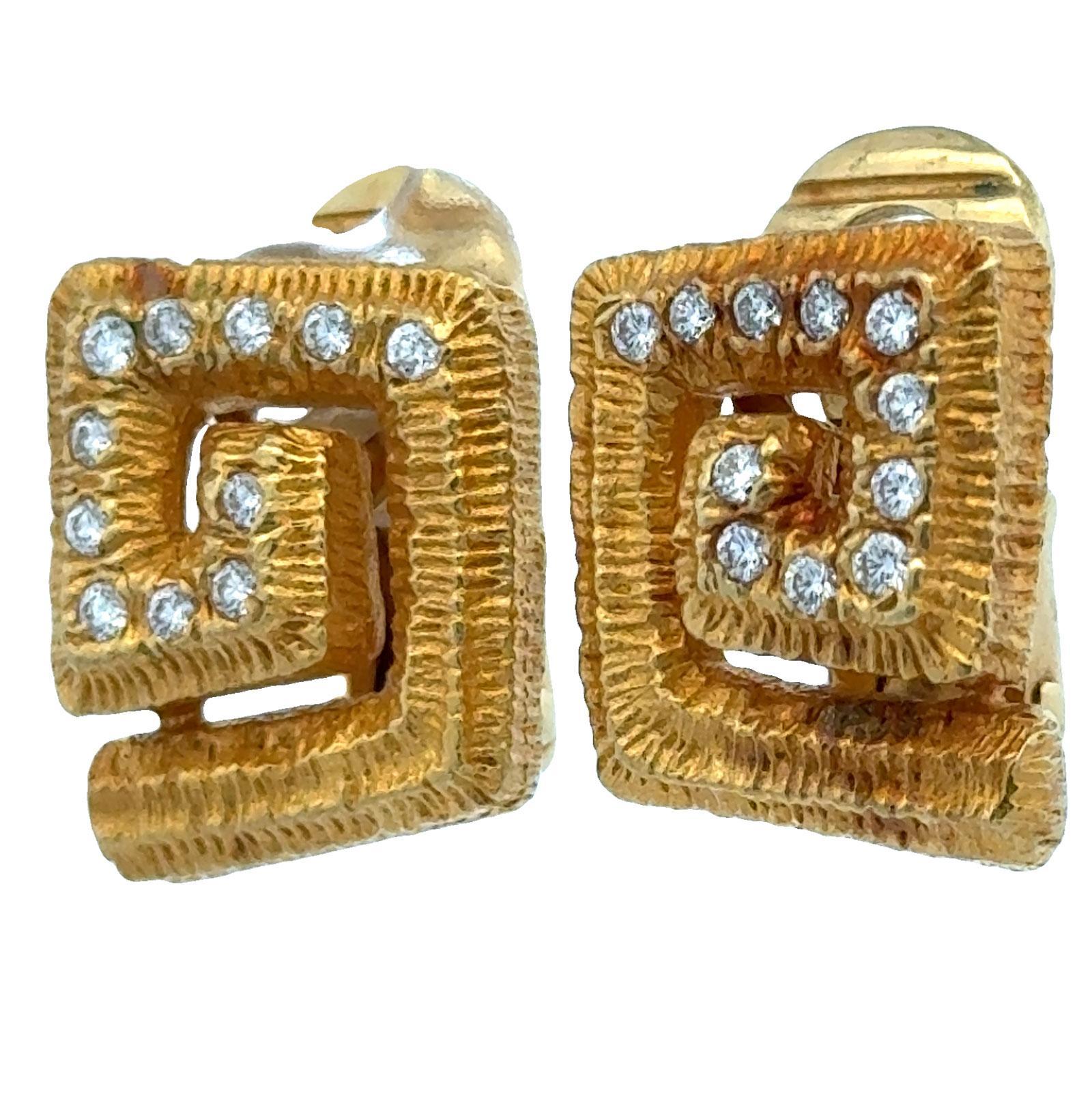 Modern Mapamenos-Natepas 18K Yellow Textured Gold Diamond Greek Key Ear Clip Earrings For Sale