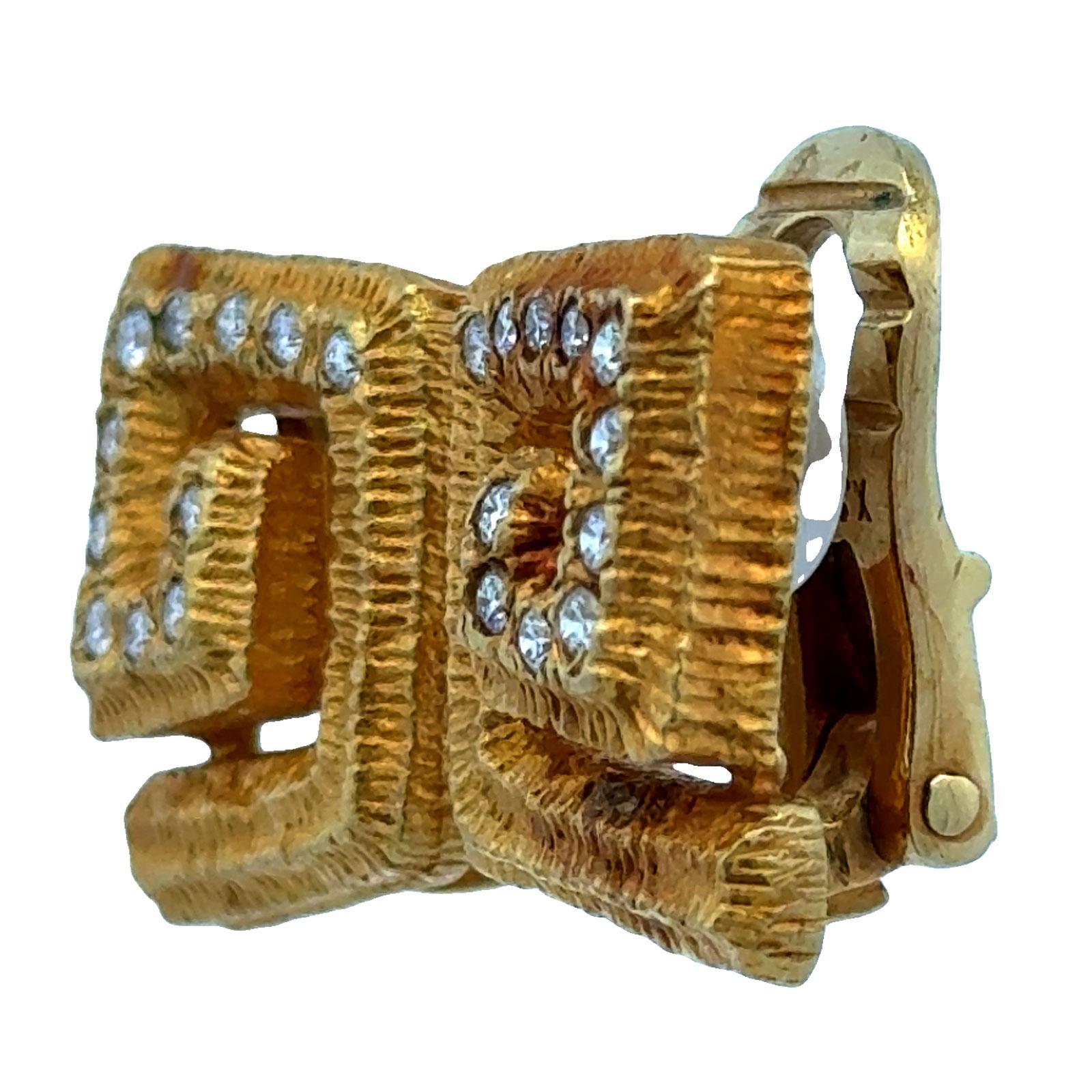 Mapamenos-Natepas 18K Yellow Textured Gold Diamond Greek Key Ear Clip Earrings In Excellent Condition For Sale In Boca Raton, FL