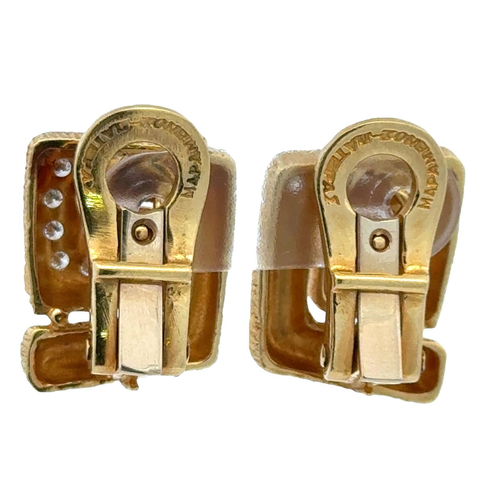 Women's Mapamenos-Natepas 18K Yellow Textured Gold Diamond Greek Key Ear Clip Earrings For Sale