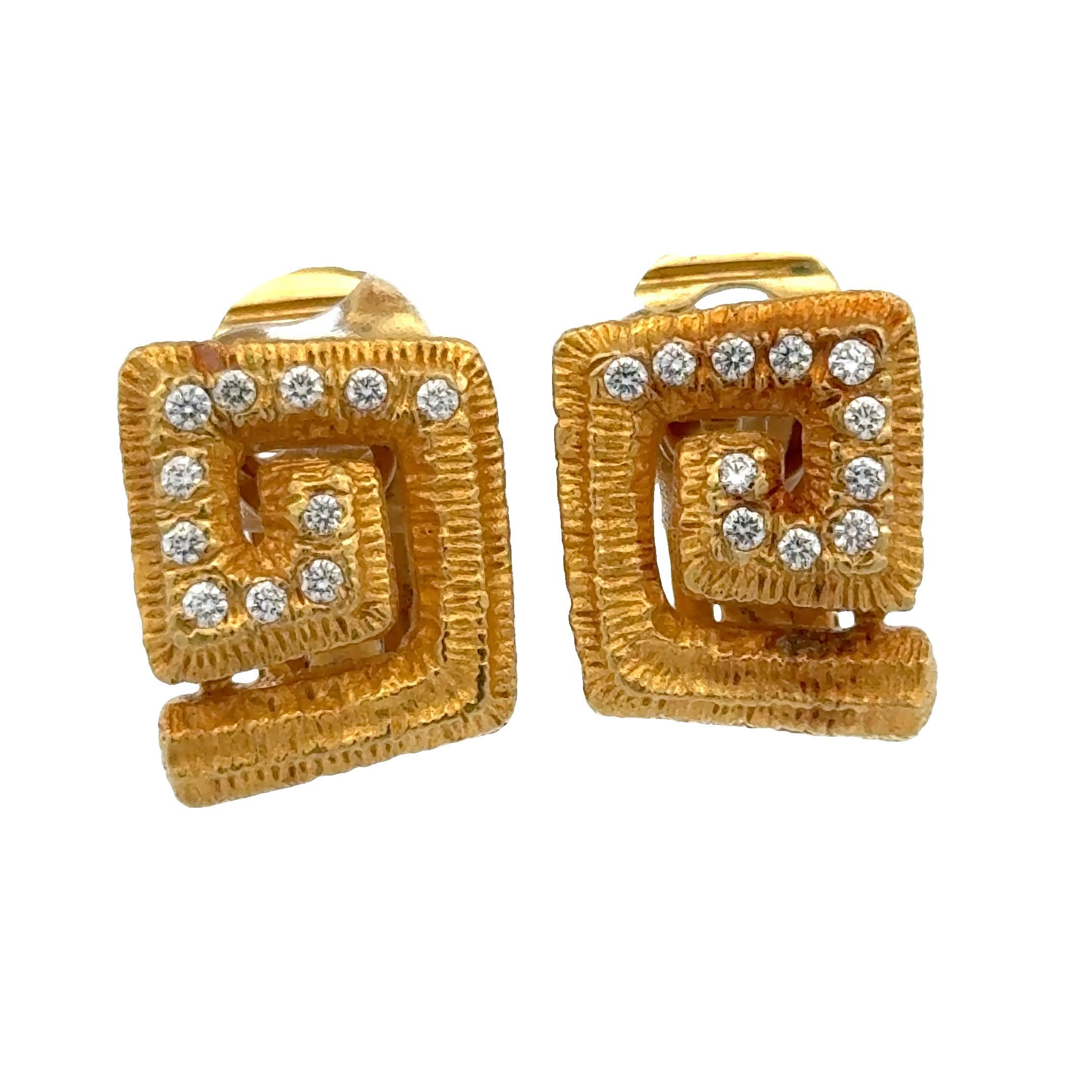 Mapamenos-Natepas 18K Yellow Textured Gold Diamond Greek Key Ear Clip Earrings For Sale 1