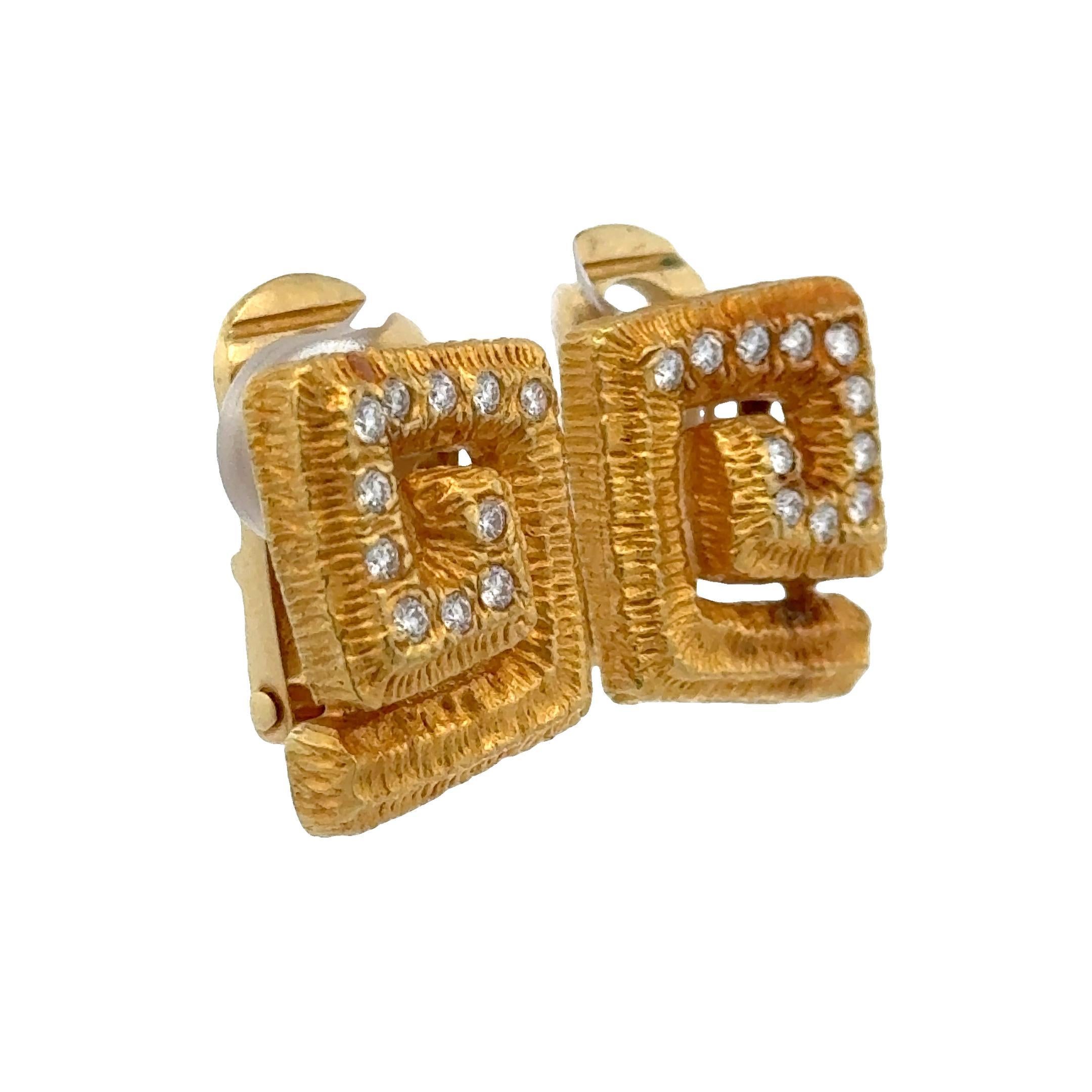 Mapamenos-Natepas 18K Yellow Textured Gold Diamond Greek Key Ear Clip Earrings For Sale 2