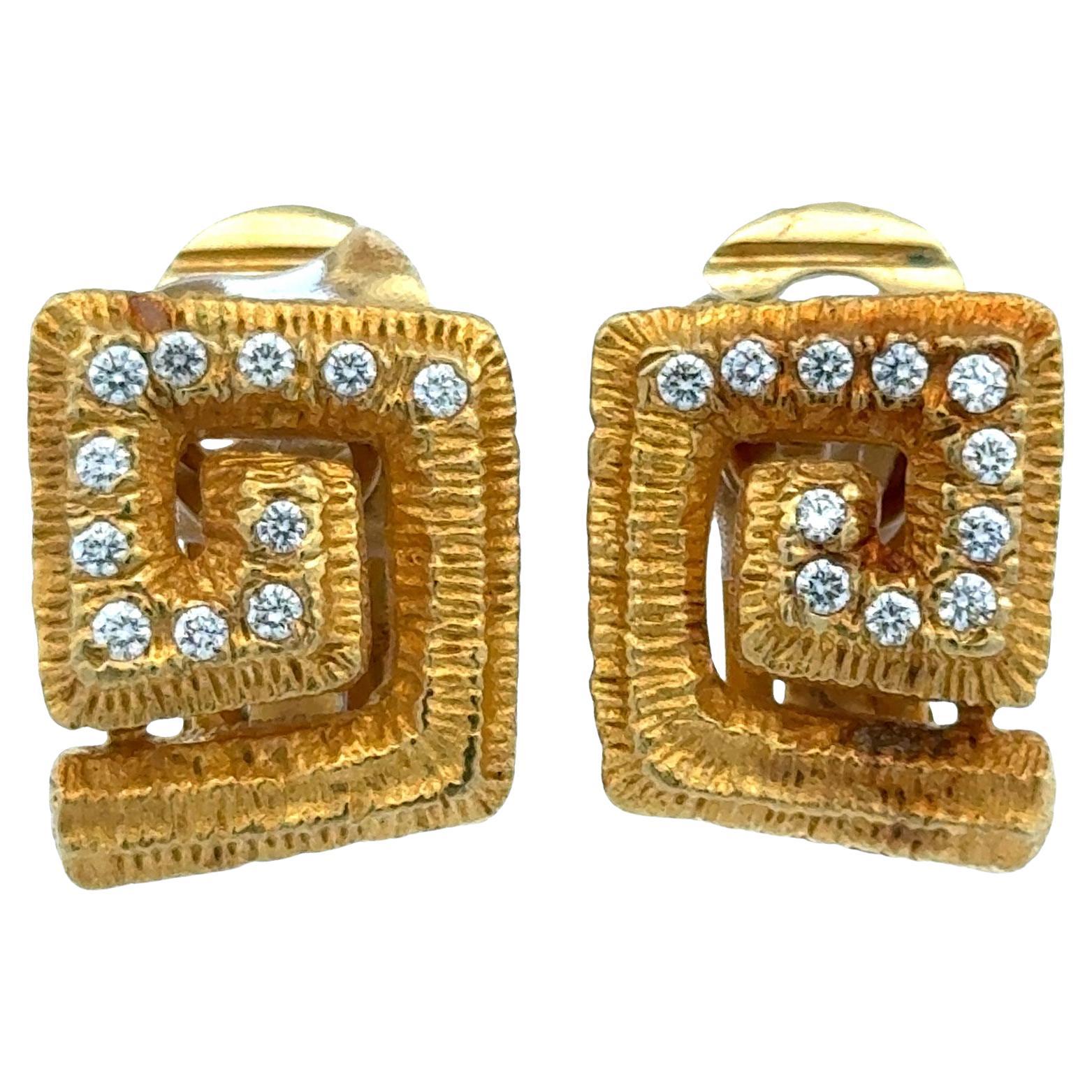 Mapamenos-Natepas 18K Yellow Textured Gold Diamond Greek Key Ear Clip Earrings