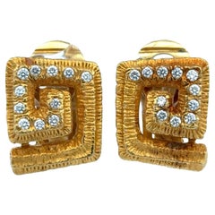 Vintage Mapamenos-Natepas 18K Yellow Textured Gold Diamond Greek Key Ear Clip Earrings