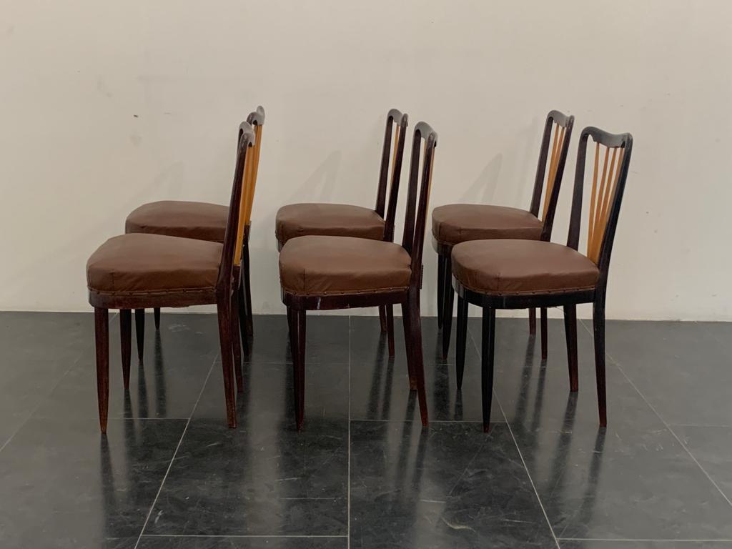 Art Deco Maple and Rosewood and Leather Chairs by Paolo Buffa, 1940s, Set of 6