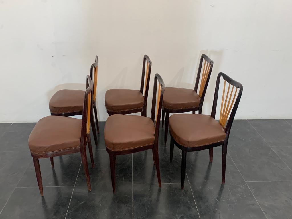 Italian Maple and Rosewood and Leather Chairs by Paolo Buffa, 1940s, Set of 6