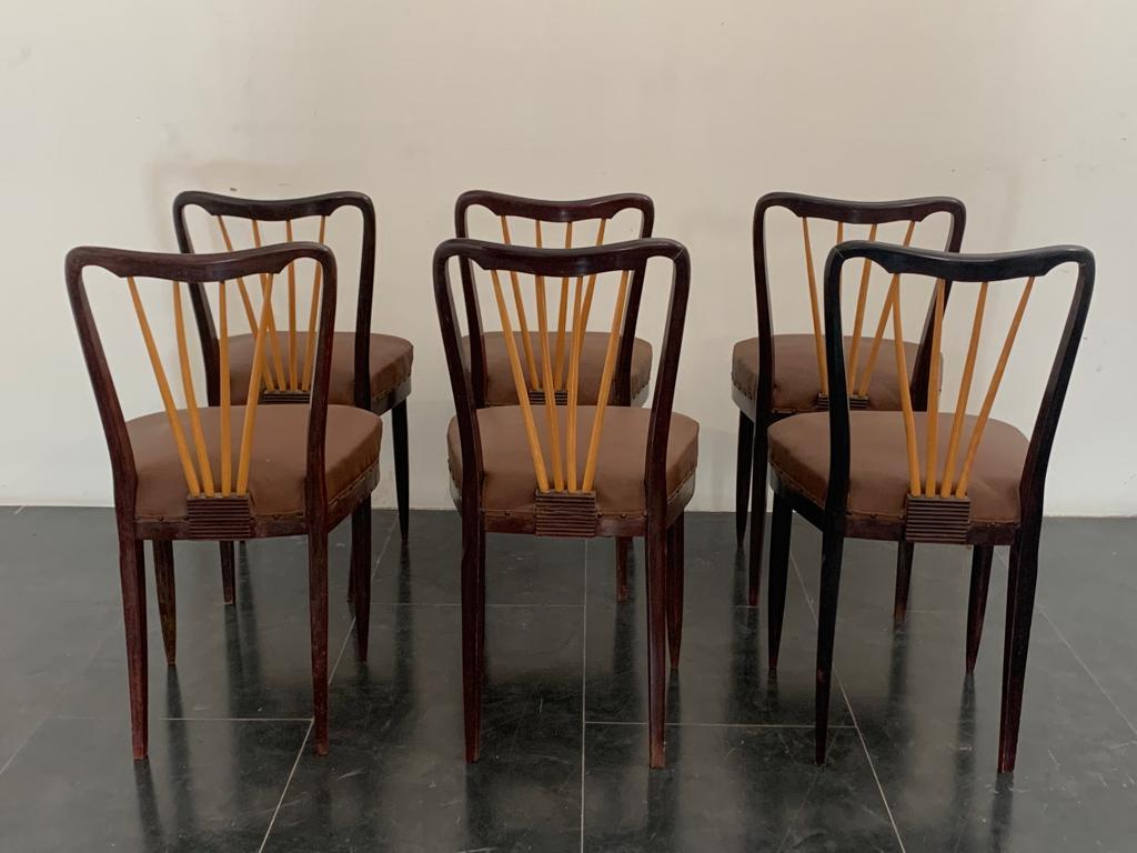 Maple and Rosewood and Leather Chairs by Paolo Buffa, 1940s, Set of 6 In Good Condition In Montelabbate, PU