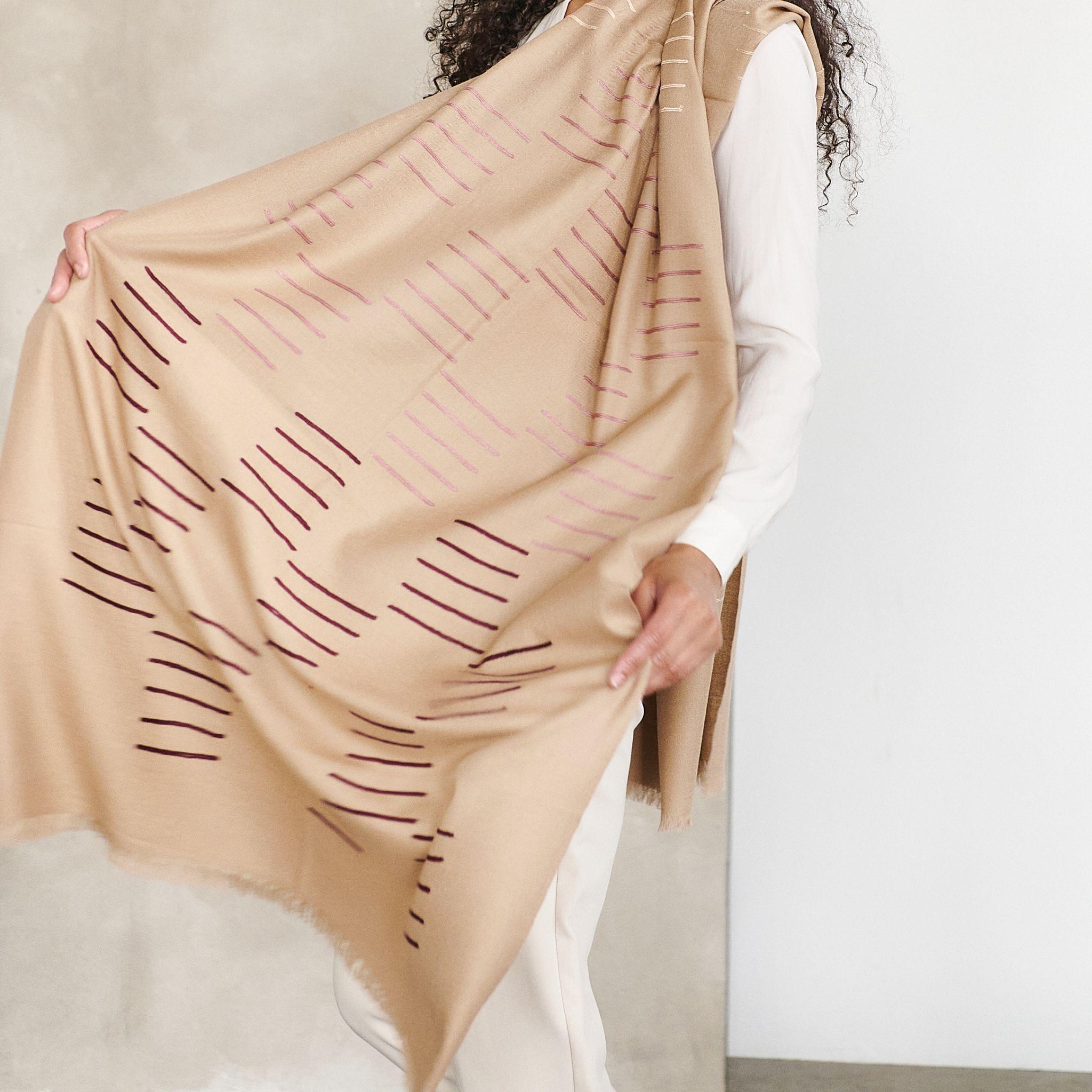 Maple Beige Hand Embroidered Hand Woven Modern Artisanal Scarf For Sale 5