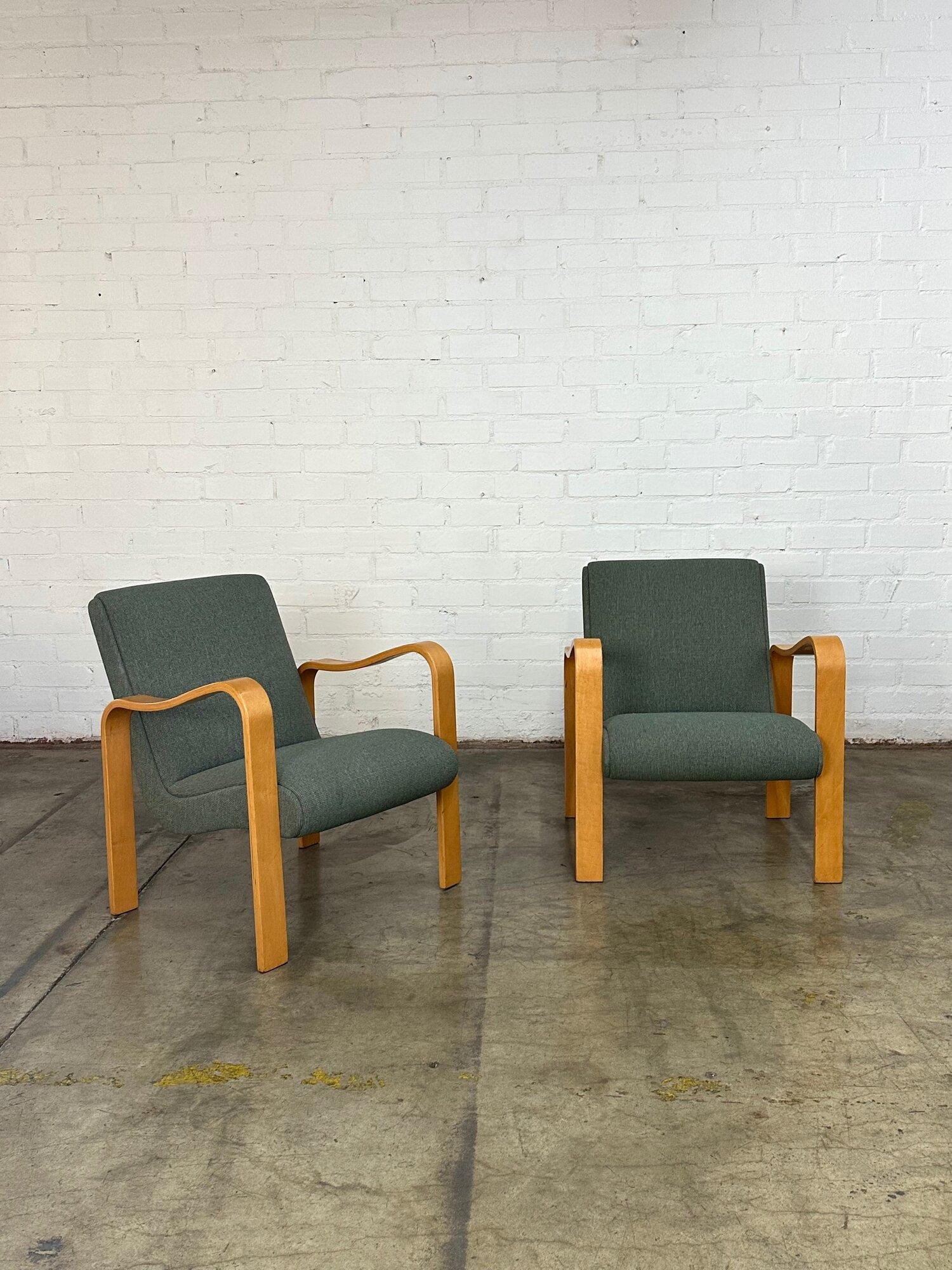 W27 D27 H30 SW21 SD19 SH16 AH24.5

Maple Bent Wood Thonet Style Lounge Chairs. Upholstered in muted teal fabric. Chairs feature bent wood maple arms. 

Price is for each chair*